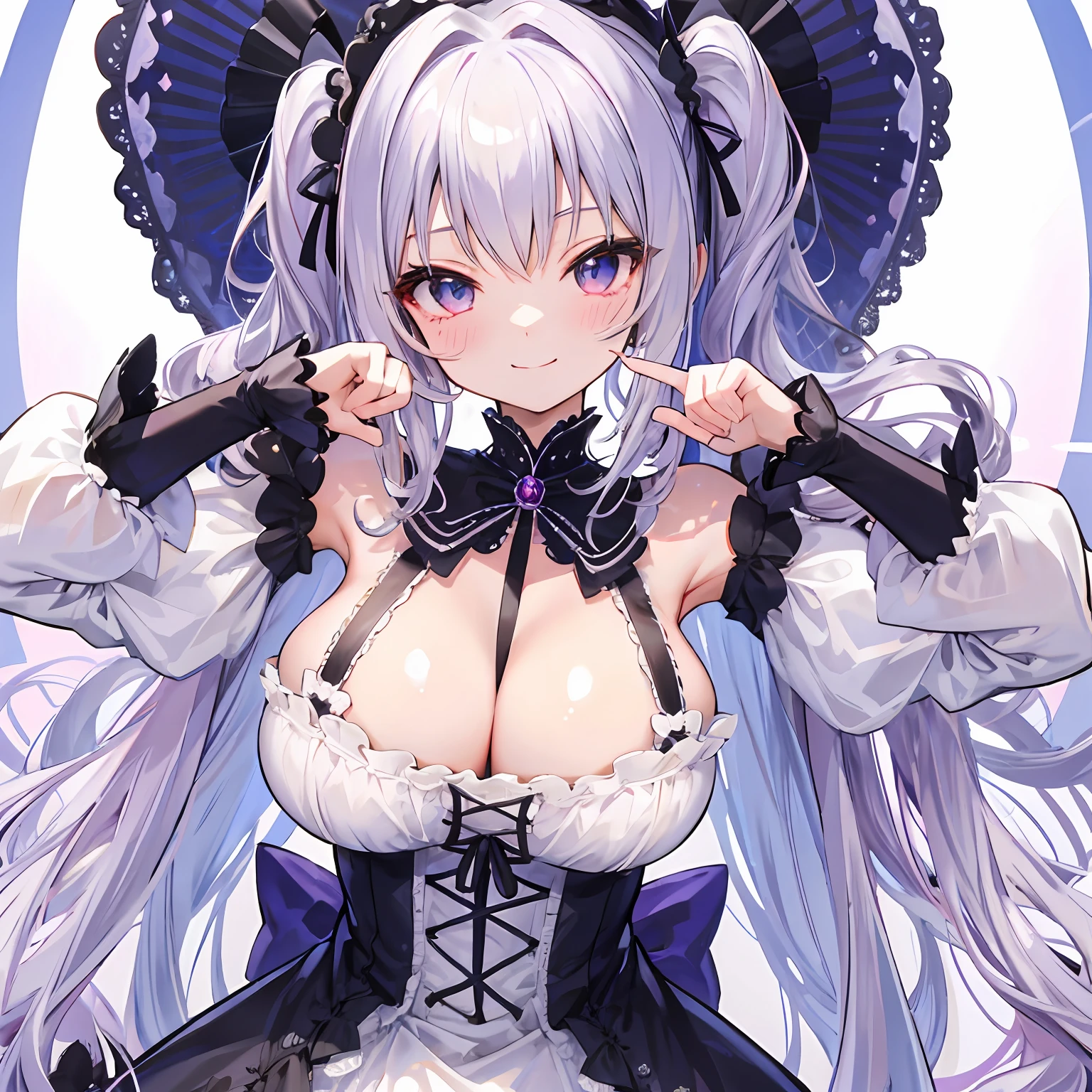 Best Quality, 4K, masutepiece :1.3), short ite pretty woman, silber hair、Twin-tailed、Curly hair、length hair、Vertical roll、kawaii pose、A smile、Colossal tits、 Ultra-detailed face、Gothloli dresses、Gothic lolita、hide one eye、Detailed eyes, sluttish, Pose Seductive,  Smooth skin, (huge-breasted), Round breasts、red blush。