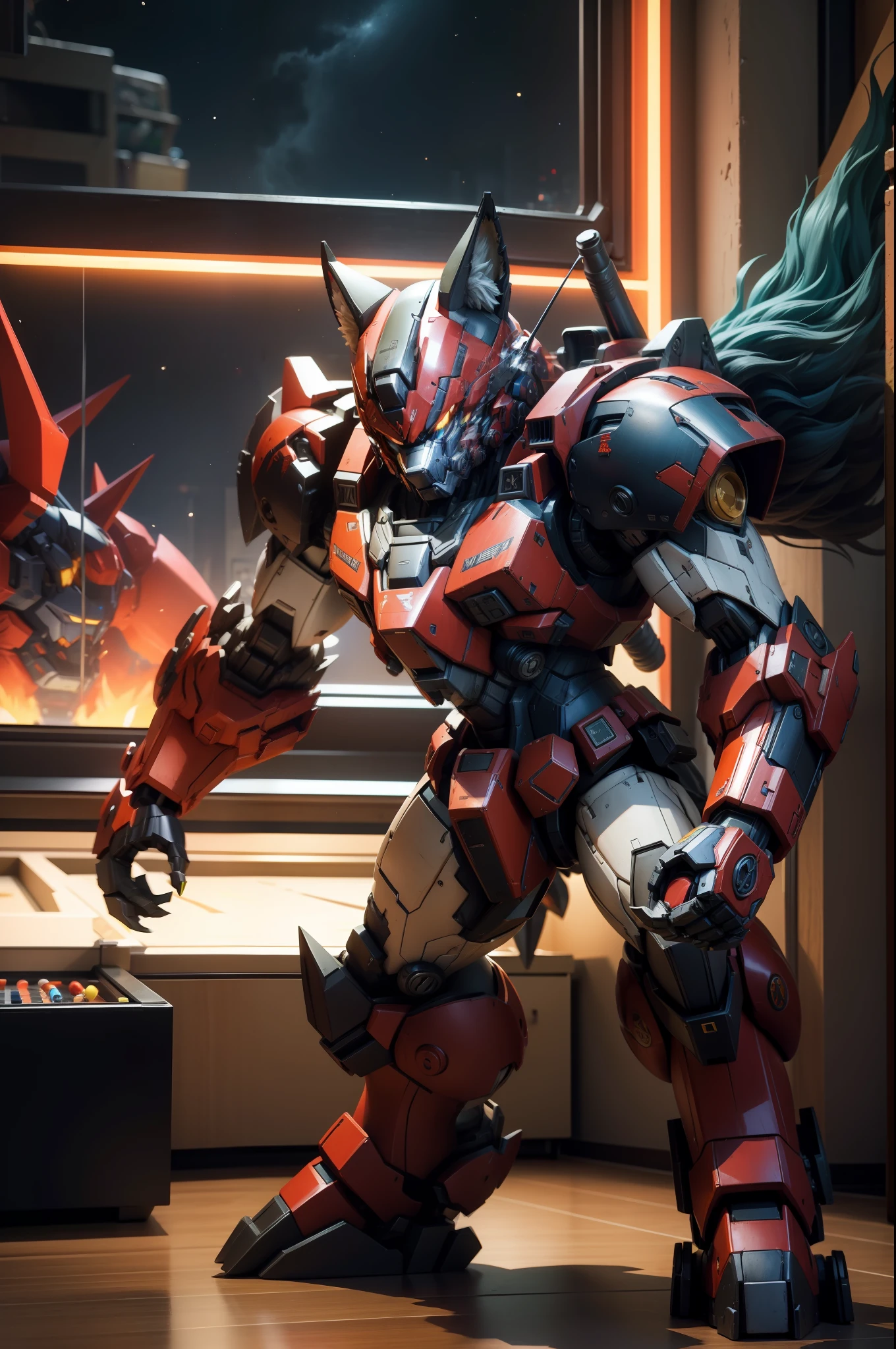 early evening,Colorful nights,Interior view of the games room,Mecha warrior wolf sculpture