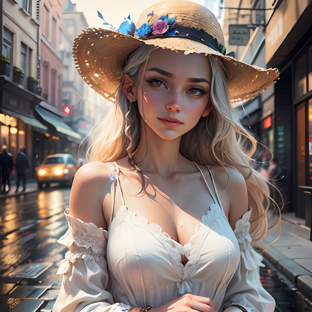 (best quality, masterpiece, realistic:1.3), (detailed), a woman in a white dress and woman's hat standing in front of a wet street, portrait of very beautiful girl , (looking at the viewer:1.1), long blond hair, loving smile, cityscape, the golden hour, elegant decollate, photo of a beautiful, on the streets, (camera field of depth:1.3),(left side of composition:1.3), insanely detailed, enhanced hd, Sony a7III, style of ivan shishk, 16k, UHD, HDR,(Masterpiece:1.5),(best quality:1.5) --auto --s2