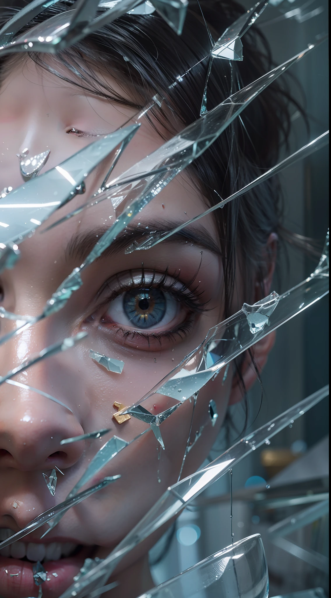 a close up of a woman with a broken glass window, full of glass. cgsociety, broken mirror, realistic digital art 4 k, realistic digital art 4k, 8 k realistic digital art, beautiful digital artwork, glass face, stunning digital illustration, seen through broken glass, detailed realistic expressions, shattered, by Ross Tran, broken glass, amazing photorealistic graphics