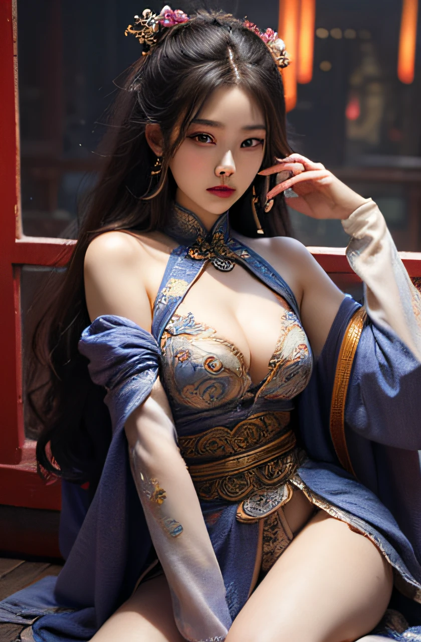 Best quality,masterpiece,ultra high res,(photorealistic:1.4),xiuxian,weapon,Detailed face, 1girl,solo,weapon,cleavage,(magic circle:1.2),xiuxian,upper body,Beautiful girl,full body,east asian architecture,sheath,architecture,