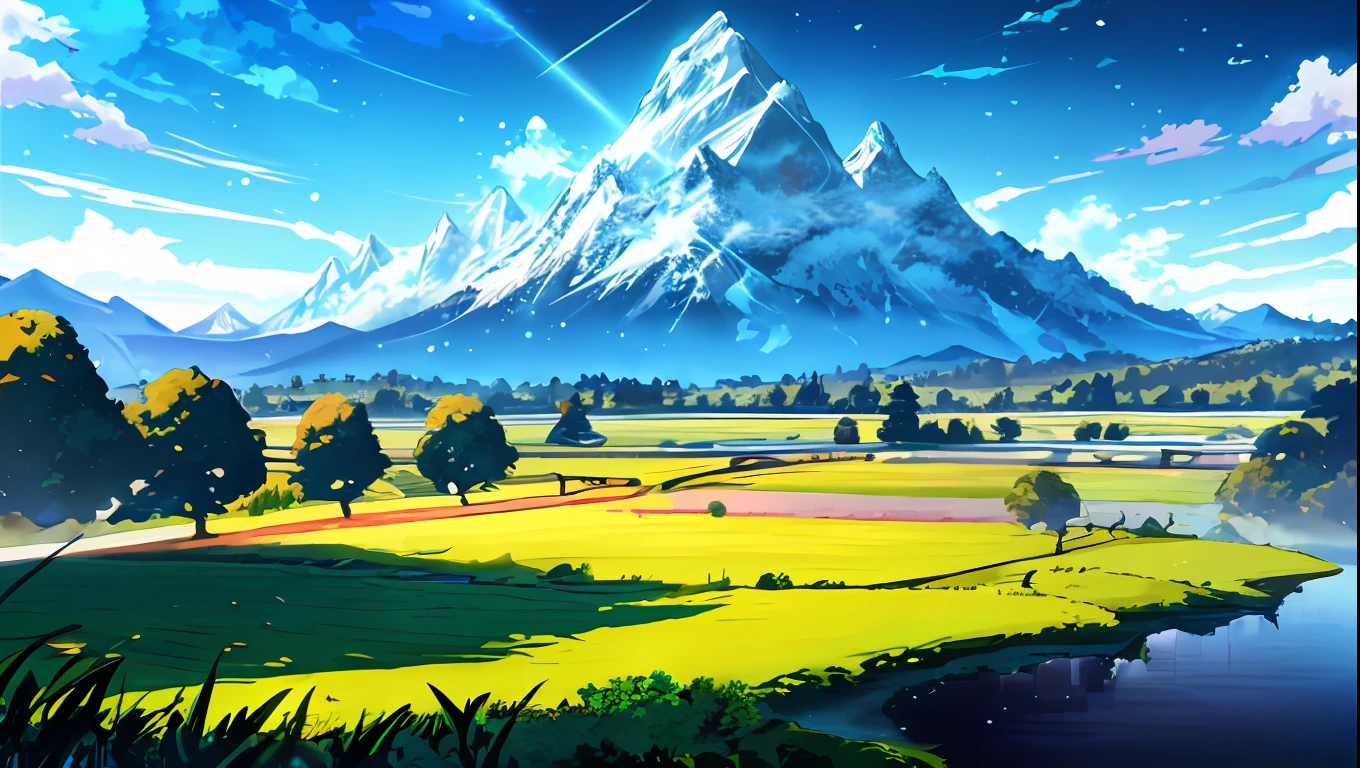 (magnificent masterpiece, top-notch quality) Anime artwork with a captivating Fantasy theme, featuring vibrant colors and a charming blend of blue sky, lush green plains, with mountain background, super flat style, trails series