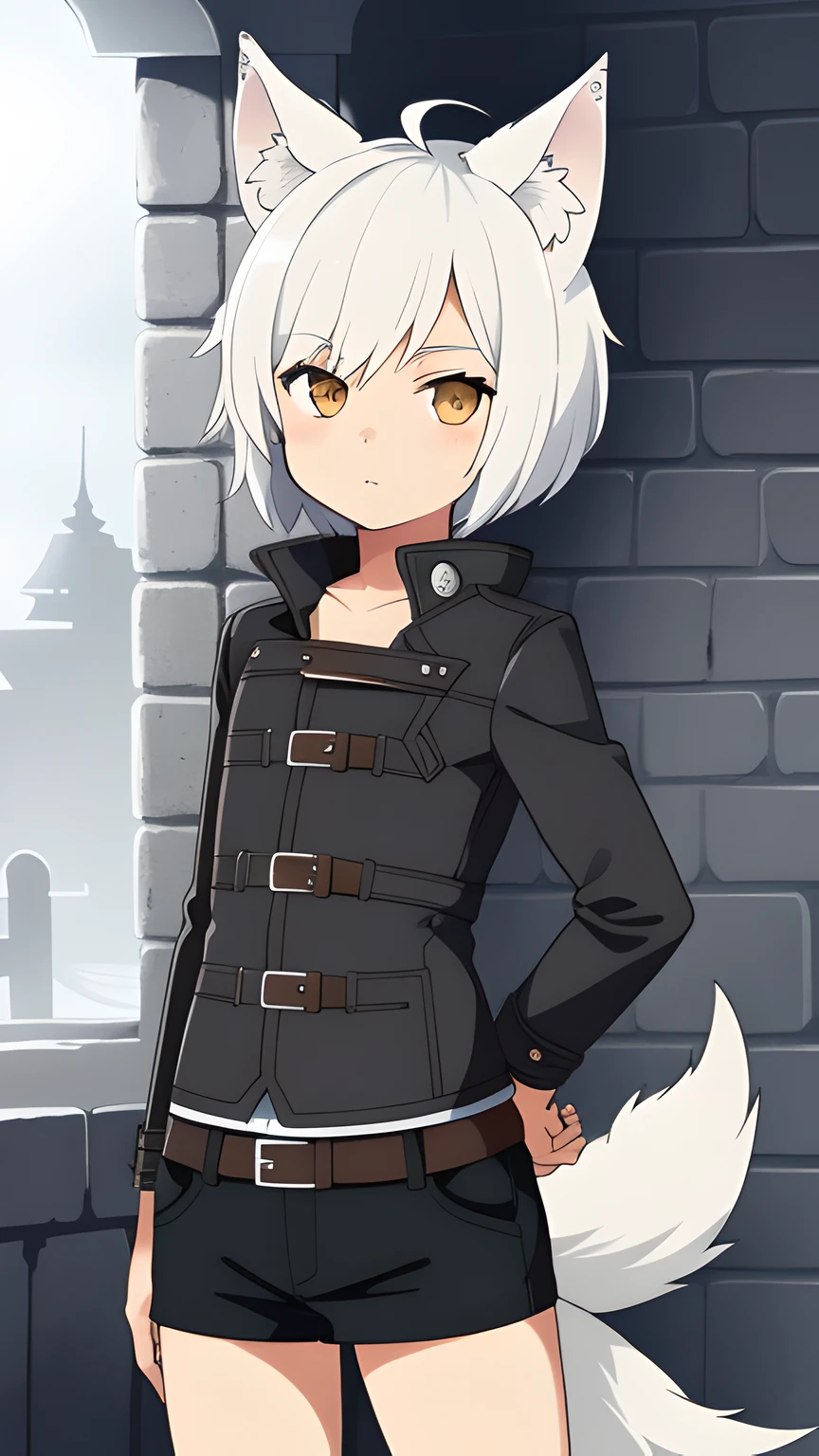 Best Quality, super detailed illustration, (1 boy:1.2), ears and tail like a wolf, femenine body, Short Hair Hair, in a leather coat, dnd