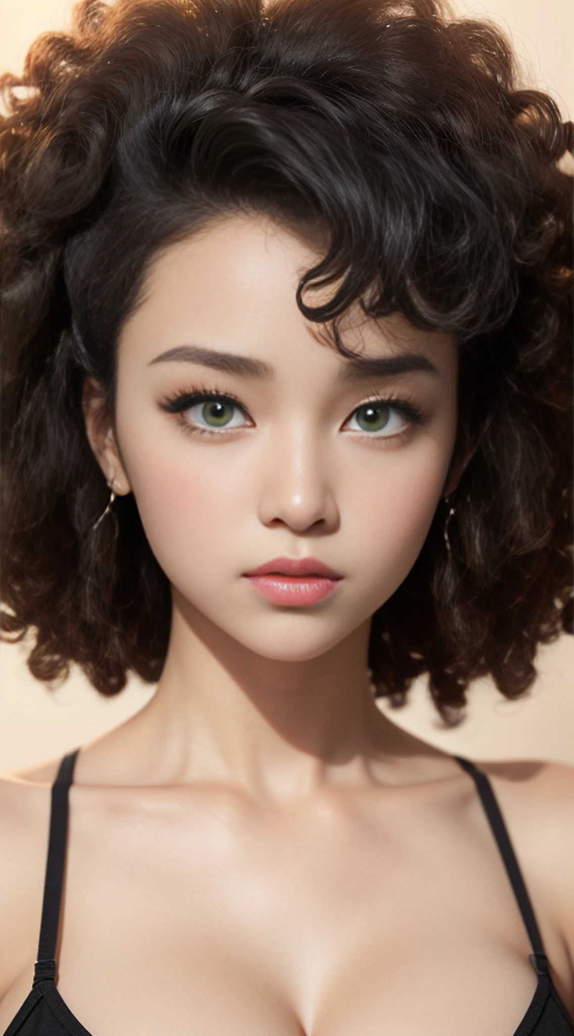 Girl Highly Detailed Face and Skin Texture, ((white skin)) big green eyes, slim face, juicy lips, bimbo lips, big puffy breast, ((afro curly Black hair)), pale skin, Detailed Eyes, Double Eyelids,