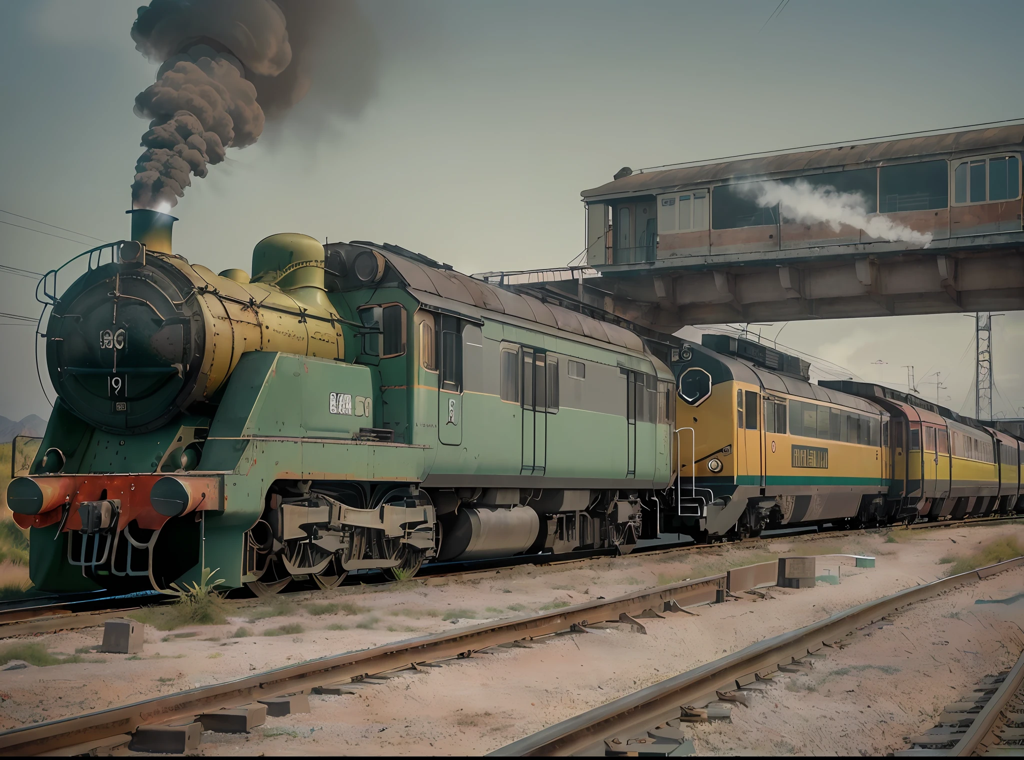 (((mais alta qualidade, 8k, obra-prima, fotorrealista, fotografia RAW, mais alta qualidade, locomotiva com a cores verde e amarelo, steam from Japan)), a train crossing a bridge that is smoky (locomotiva a vapor), locomotiva a vapor, trem, choo choo, trem, tiro ambiental, Yasushi Sugiyama, Gothic locomotive, Yoshifumi Ujima, combinado!,smoldering, cinza, esfumaçado, hiro, fotografia de cor fuji, ultrarrealista, highes definition, realismo, fotografia realista, Professional color correction, fotografado com Canon EOS 5D Mark IV
