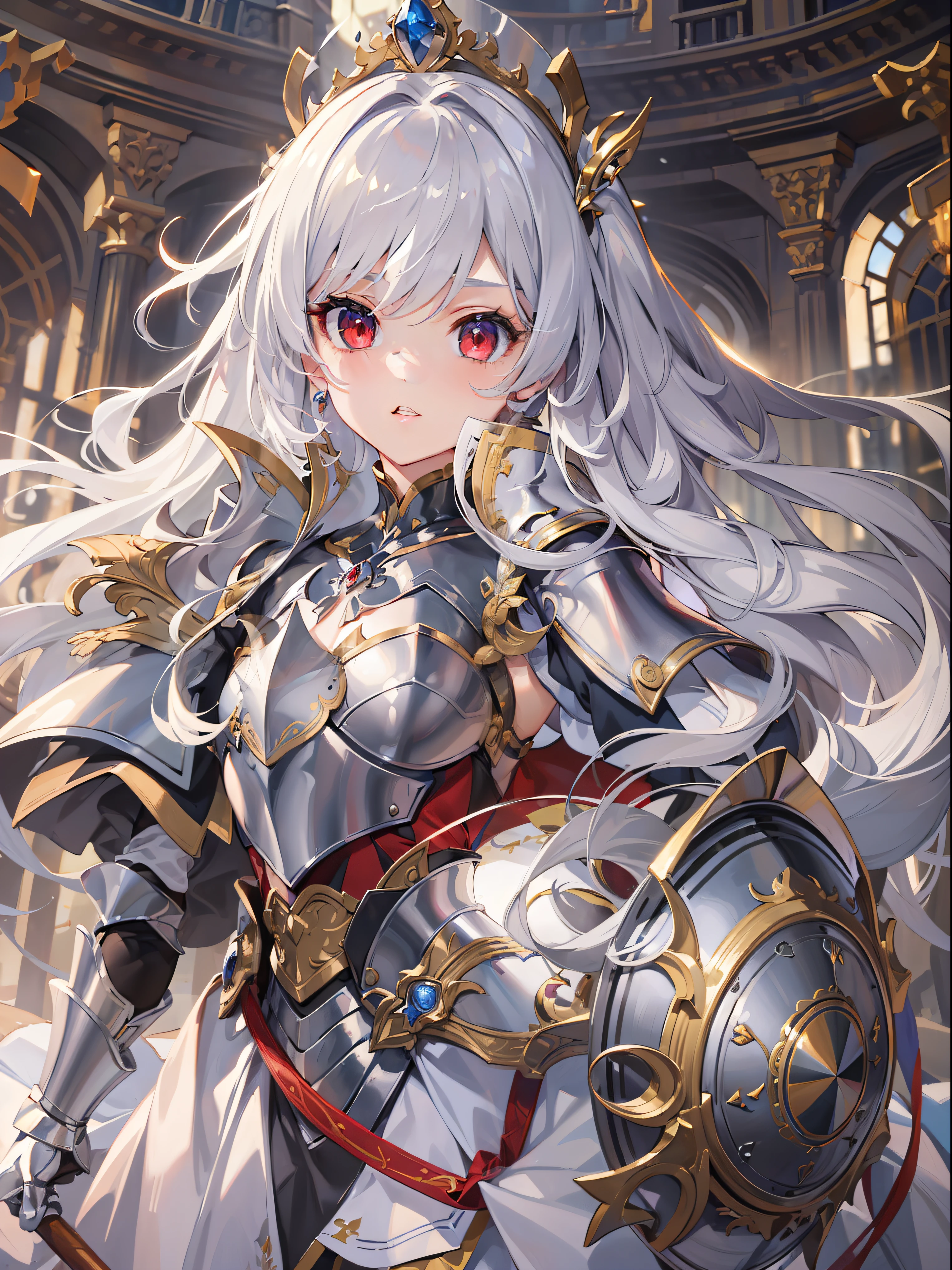 (Masterpiece level:1.4) Ultra-detailed picture quality, Beautiful silver-haired girl, red - eyed, Elegant aristocratic countenance, Wears silver armor, Armor gold pattern, Best 8K quality, Optimal color rendering, Best shadow effect, adolable, big breasts beautiful。