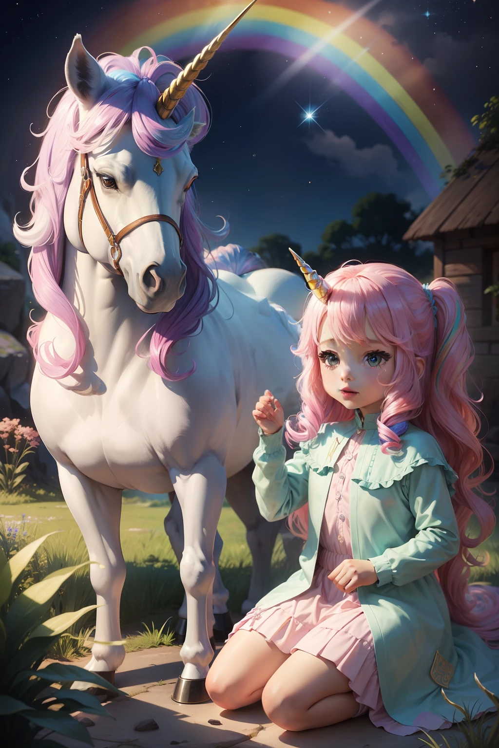 Rainbow Valley, shiny mane unicorn and shimmering horn, fada de asas brilhantes e roupas coloridas, peixe magico, children's book illustration