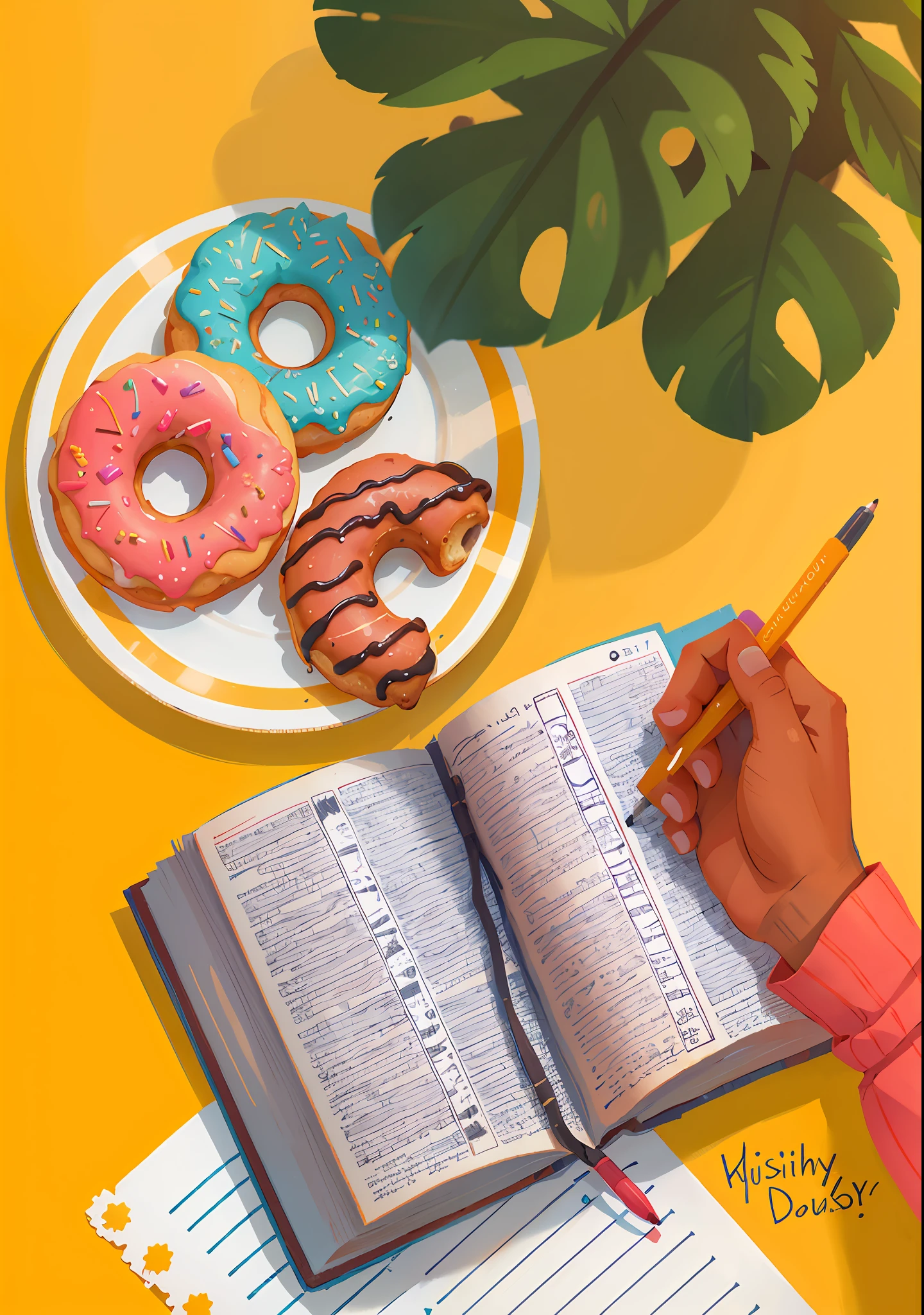 someone writing a book with a pencil and a plate of doughnuts, editorial illustration colorful,