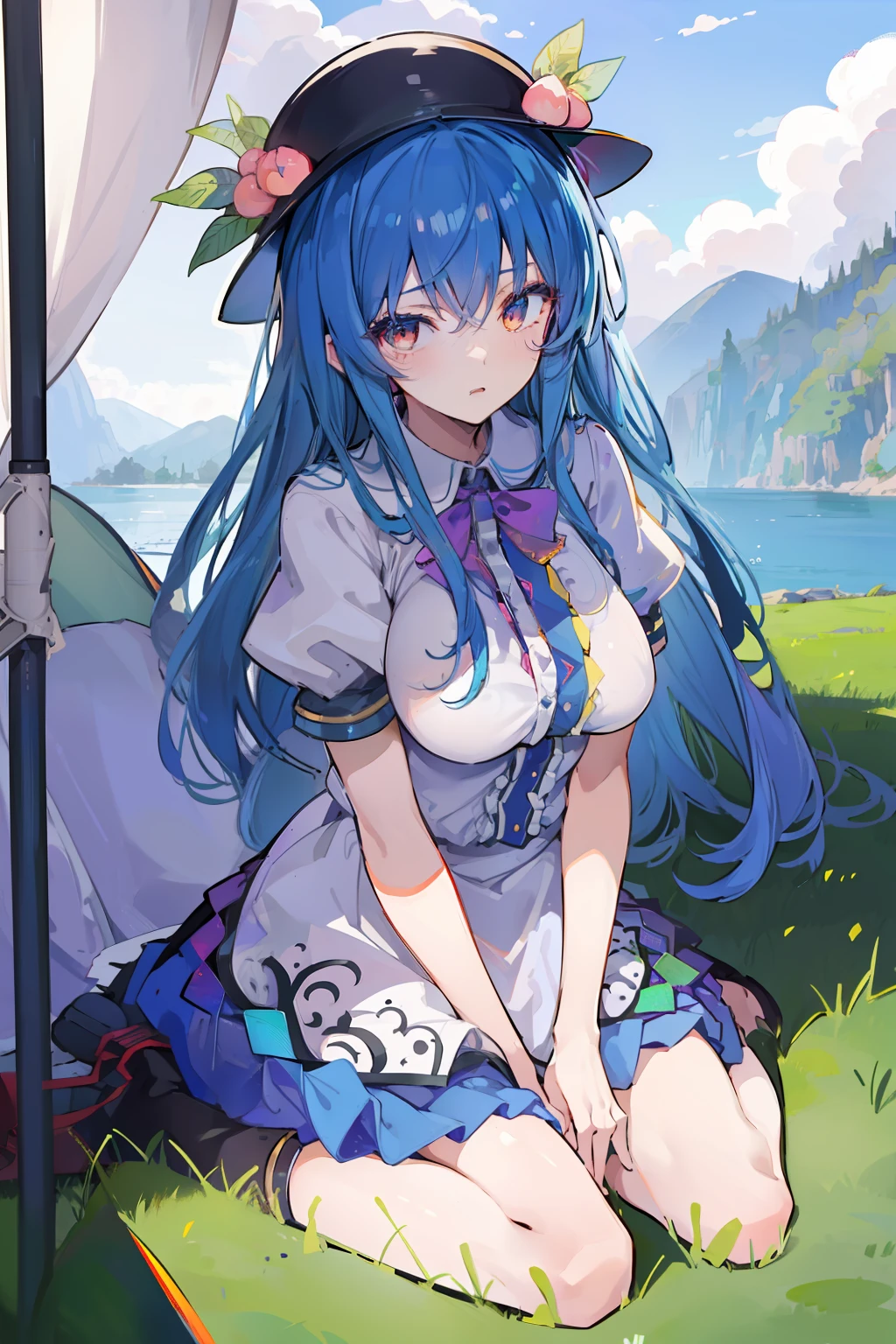 (masterpiece),best quality, expressive eyes, perfect face,w sitting, w sitting on ground, legs on ground, 1girl,
big breast, H-cup, good breast, hands on waist,beautiful, gorgeous,anime,girl,lora,hinanawi tenshi, blue hair, blue haired,tent boobs, tent chest, tent breast, floating clothes