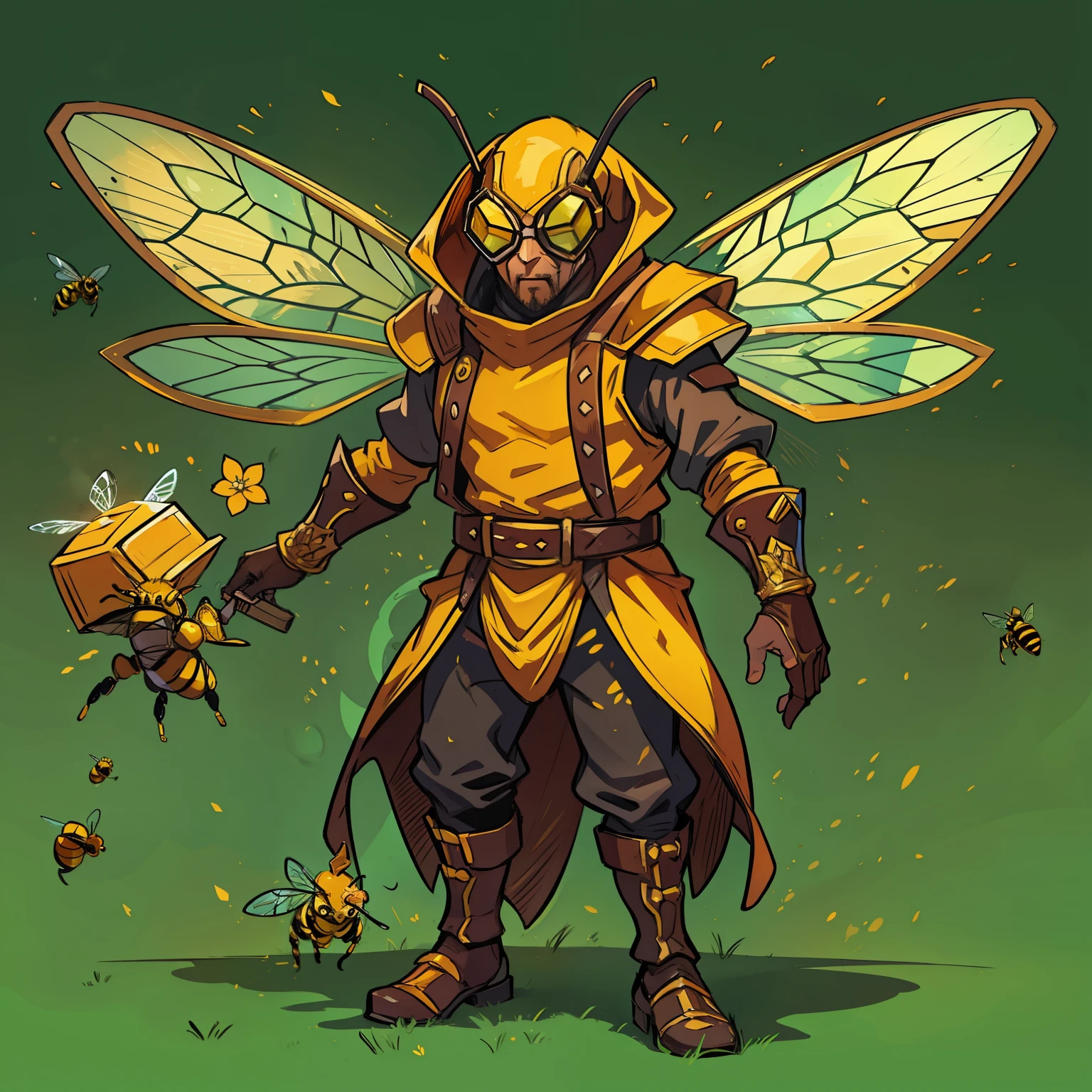 A bee man A villain for RPG inspired by a bee A man with the colors and elements, including wings of a wasp bee A villain who represents the essence of a bee He is in a hive with lots of magic and honey illustrating the image He wears glasses that symbolize the eyes of bees Colors of bees An art for RPG A character for RPG A villain Medieval RPG Art RPG fantasy RPG