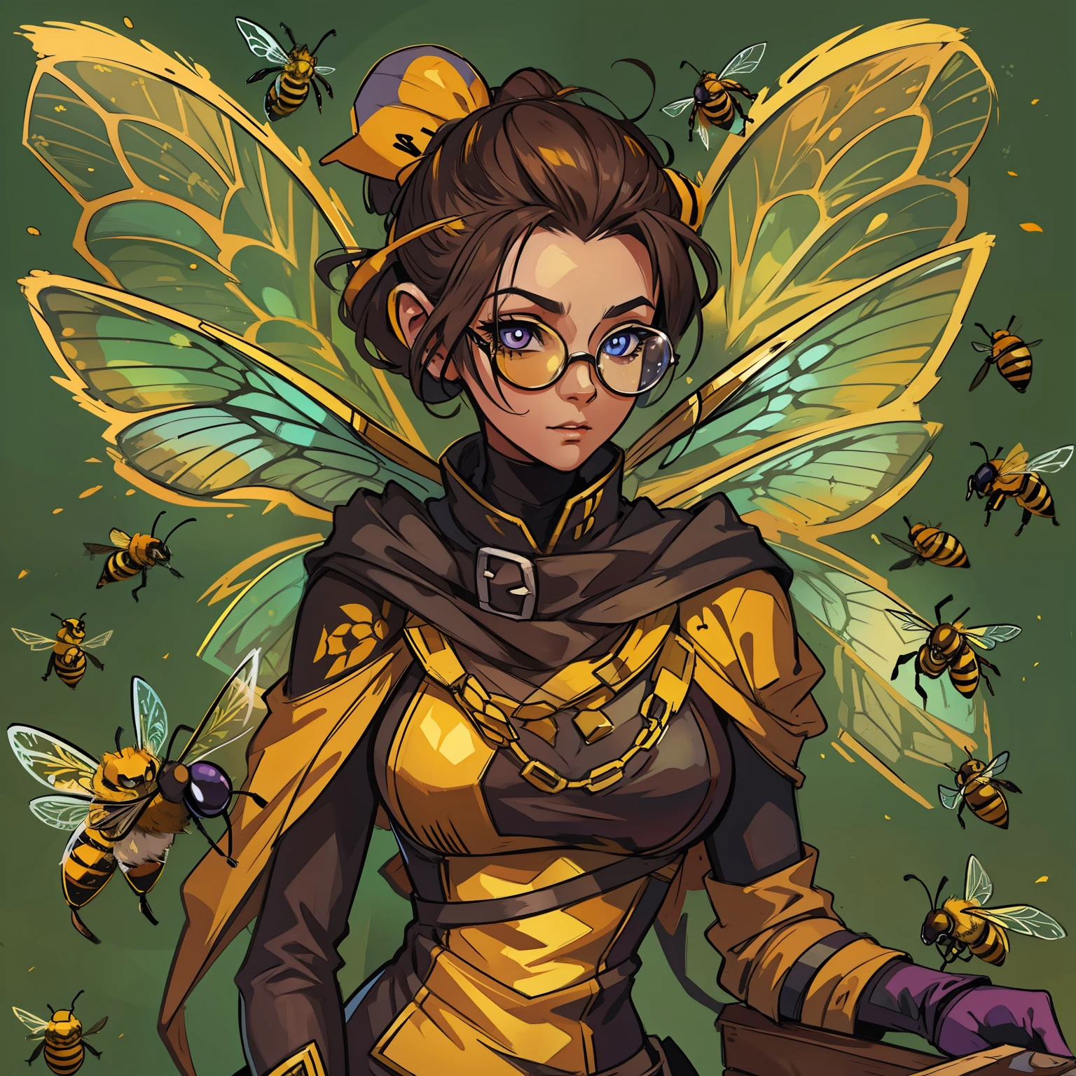 A bee woman A villain for RPG inspired by a bee A woman with the colors and elements, including wings of a wasp bee A villain who represents the essence of a bee She is in a hive with lots of magic and honey illustrating the image He wears glasses that symbolize the eyes of bees Colors of bees An art for RPG A character for RPG A villain Medieval RPG RPG Art RPG fantasy RPG an illustration for RPG a digital art