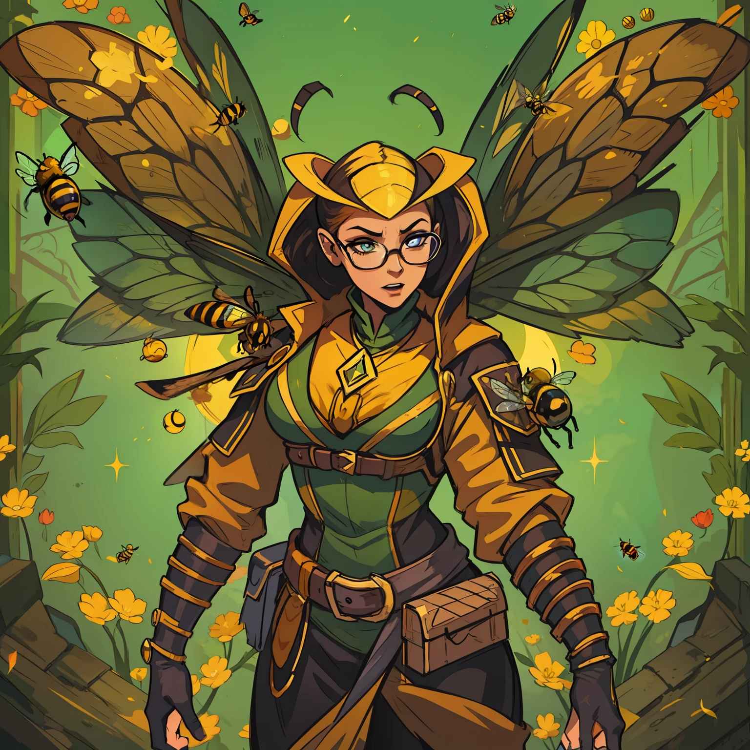 A bee woman A villain for RPG inspired by a bee A woman with the colors and elements, including wings of a wasp bee A villain who represents the essence of a bee She is in a hive with lots of magic and honey illustrating the image He wears glasses that symbolize the eyes of bees Colors of bees An art for RPG A character for RPG A villain Medieval RPG RPG Art RPG fantasy RPG an illustration for RPG a digital art