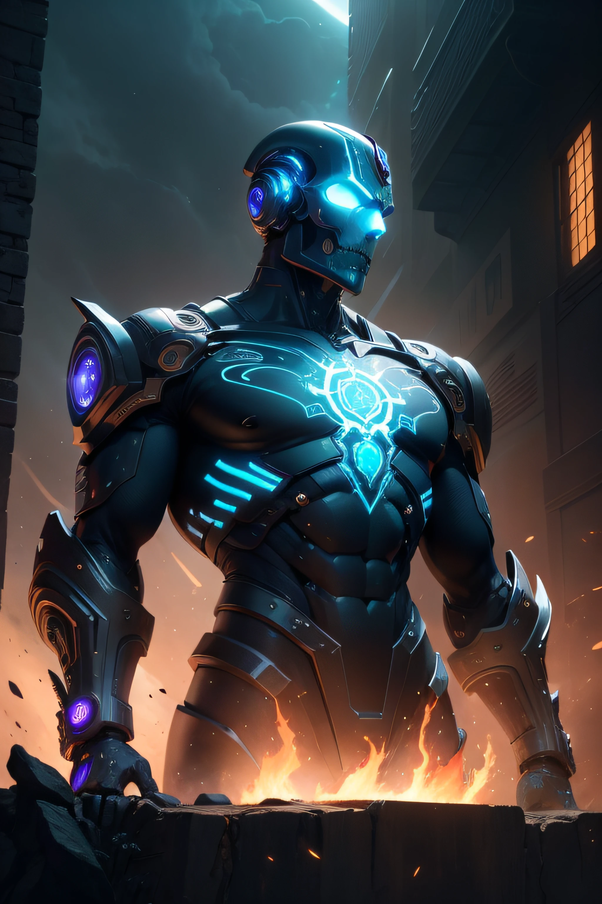 Design an impressive profile picture titled "AudaxMachina: The Cosmic Guardian." Create a male robotic character with an skull face, set against a futuristic cityscape backdrop. This awe-inspiring machine is crafted with polished metal and intricate lines, exuding both strength and sophistication. Its face features intense, glowing blue eyes and mysterious alien symbols etched across its metallic surface, suggesting a profound connection to extraterrestrial realms. Incorporate alien-inspired tattoos seamlessly into the robot's armor. Swirling cosmic patterns adorn the shoulders and upper arms, resembling interstellar nebulae with shifting colors of deep purples, vibrant blues, and celestial greens. On the chest plate, intricate alien symbols reminiscent of ancient hieroglyphics tell cryptic stories of the machine's cosmic origins. The "AudaxMachina" stands tall, with battle scars showcasing its experience and valor on the battlefield. The metallic armor symbolizes its invincibility, while the luminescent glow of the tattoos hints at the extraterrestrial energy flowing through the robot. This male character exudes an enigmatic aura of ancient wisdom, cosmic guardianship, and fearlessness. As the guardian of the universe, the "AudaxMachina" is a symbol of hope and strength for its allies, ready to face any challenge head-on. Against the backdrop of a futuristic metropolis with holographic billboards and advanced technology, the "AudaxMachina" emerges as a legendary figure, poised to leave an indelible mark on the cosmic battlefield. Design this profile picture to captivate viewers with its blend of futuristic technology and cosmic mystique. Show the "AudaxMachina" in all its male glory, an iconic and powerful character embodying the essence of a cosmic protector.