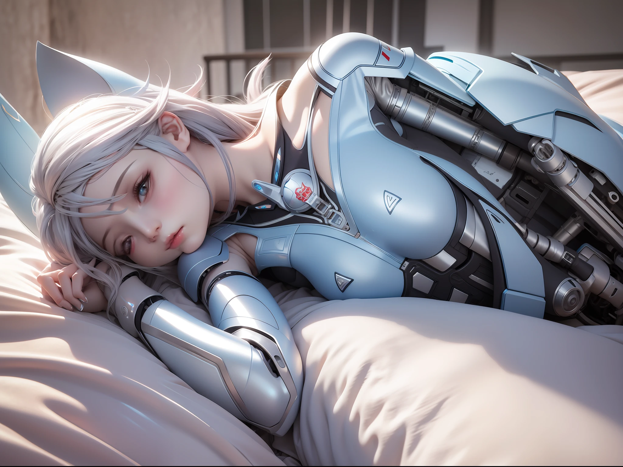 Female silver-blue mech sculpture,Lie down in bed,The mech is rich in detail,Mechanical skin texture,