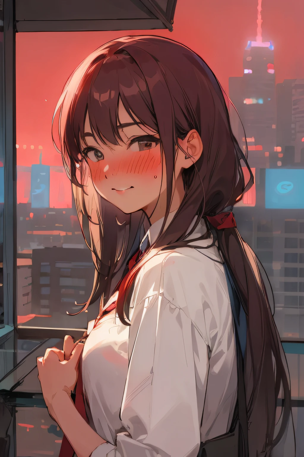 closeup of girls face, blushing, city background, red tie