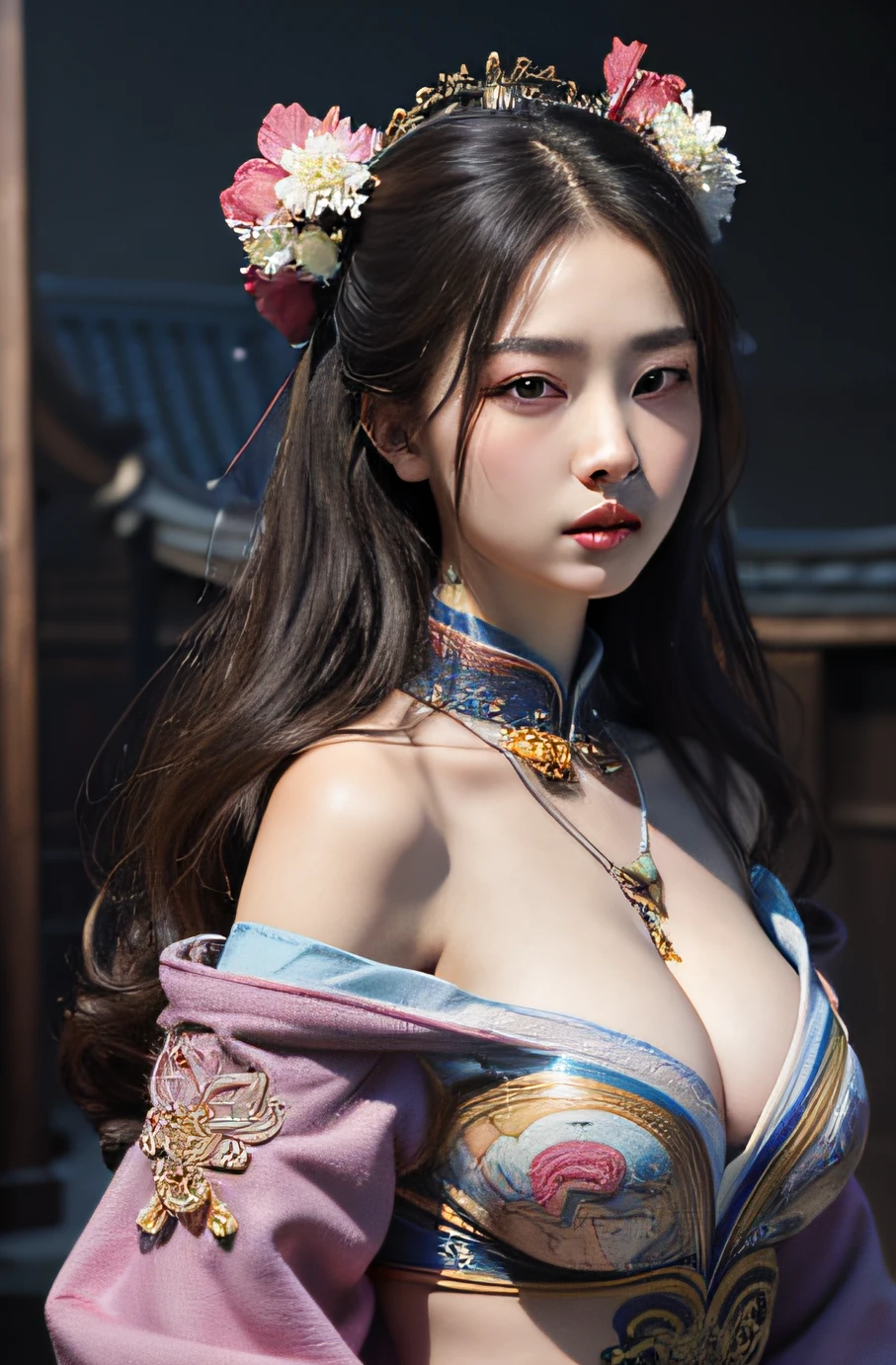 Best quality,masterpiece,ultra high res,(photorealistic:1.4),xiuxian,weapon,Detailed face, 1girl,solo,weapon,cleavage,(magic circle:1.2),xiuxian,upper body,Beautiful girl,full body,east asian architecture,sheath,architecture,