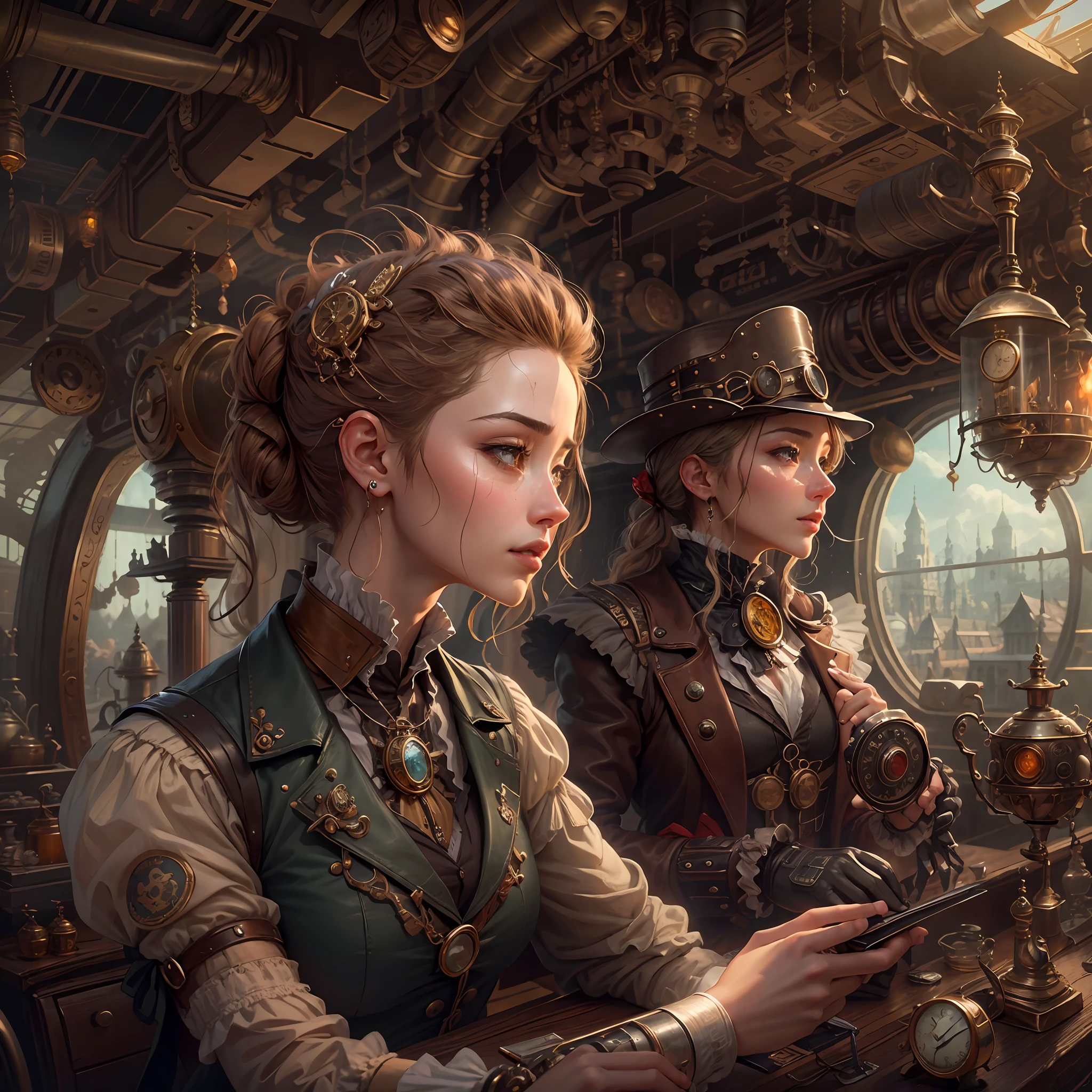 best qualtiy,tmasterpiece,超高分辨率,(realisticlying:1.4),absurderes,(1 young couple repairing an airship in the manor,(Eye focus),sface focus, Clear facial features),(koh_amberheard:0.8),1 best long shot photo of Mechanical Airship Manor,Fantasy sci-fi vehicles,hyper realisitc,steampunc,Complex design,insanely details,finely detailled,Steampunk AI,1 couple doing business on the estate