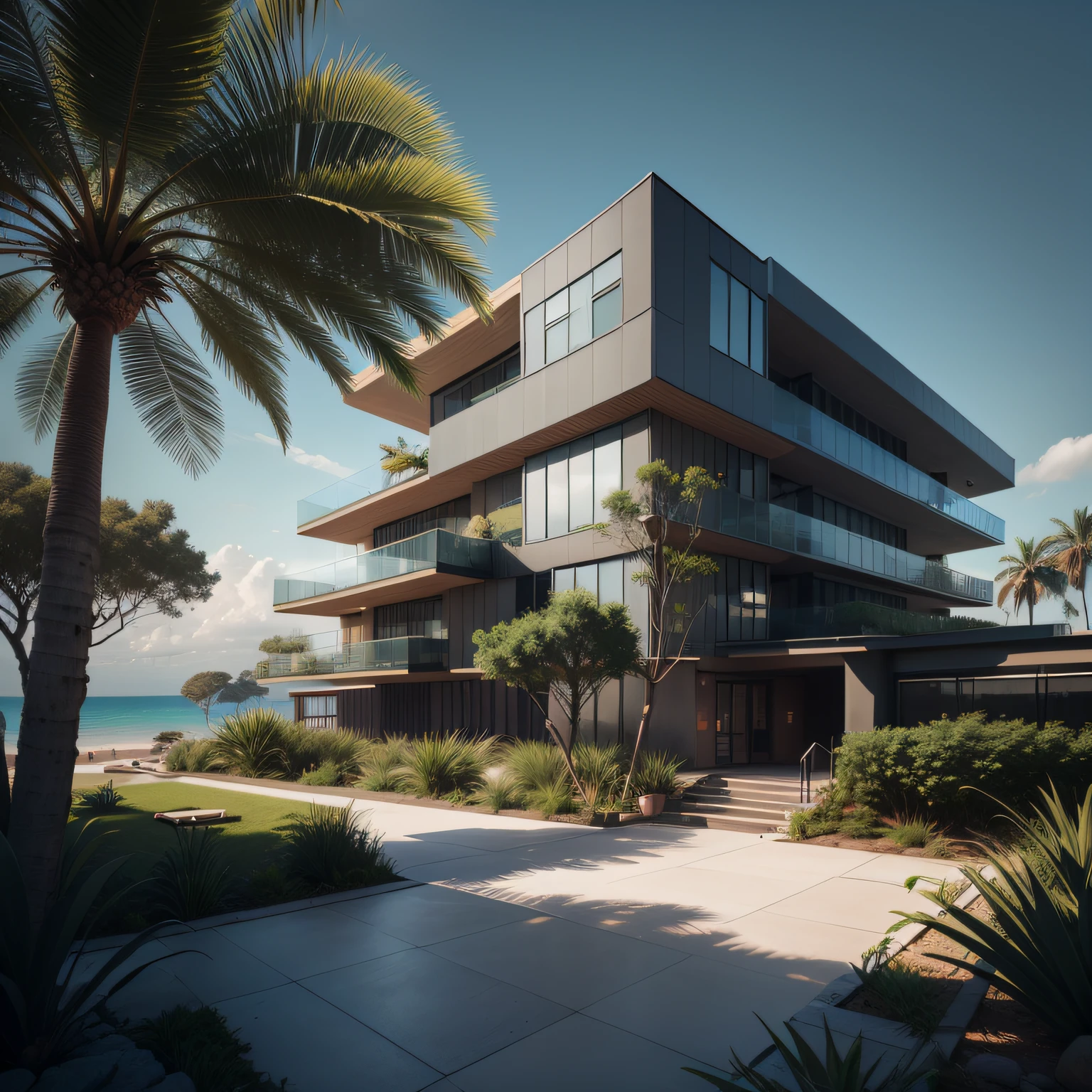 Grande hotel, Arquitetura futurista, building in the background, Architecture of a dark gray concrete building, madeira e vidro, Building with large lawn on the beach, Arquitetura moderna, grande piscina em frente ao hotel, restaurante interior com grandes fachadas em vidro, grandes candeeiros no interior, lots of vegetation around, hotel com 120 quartos, Arquitetura moderna, organic architecture, Geometria luxuosa, hiper-realista, Fantastic 8K architecture, UHD — AR 16: