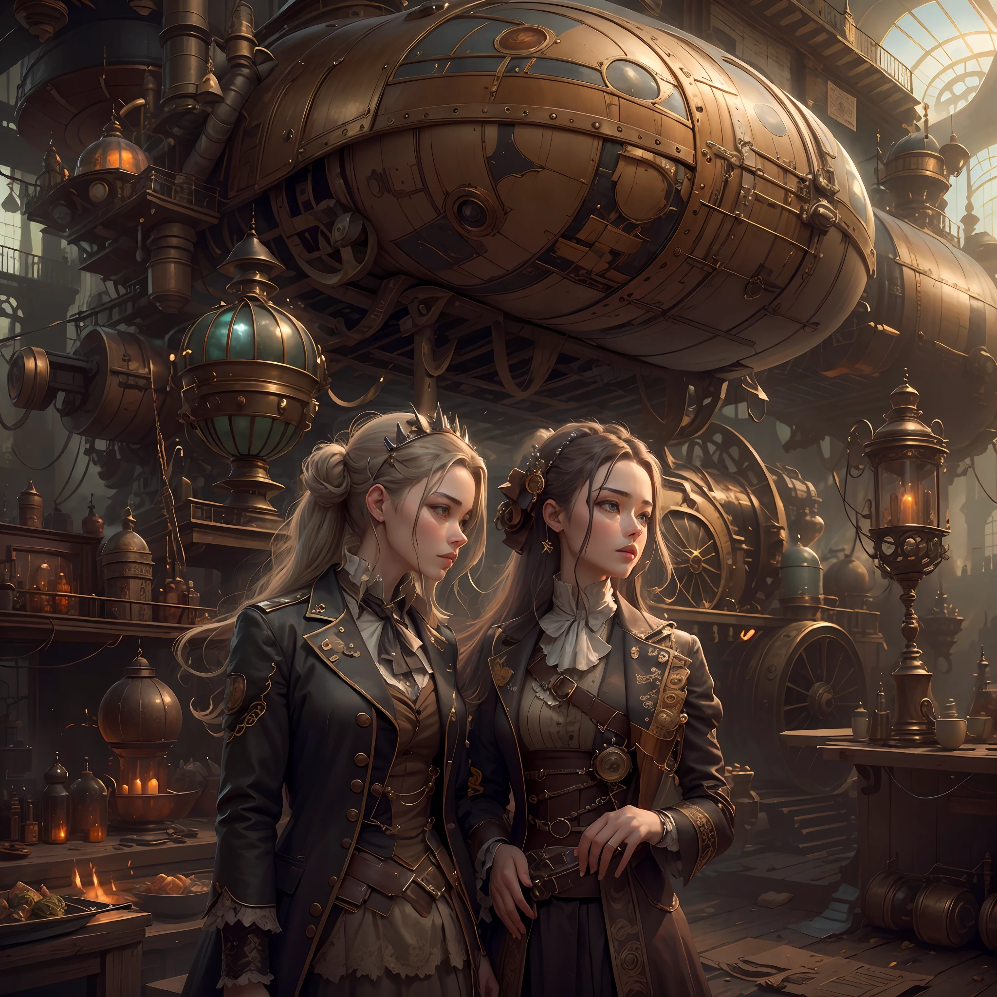 best qualtiy,tmasterpiece,超高分辨率,(realisticlying:1.4),absurderes,(1 young couple repairing an airship in the manor,(Eye focus),sface focus, Clear facial features),(koh_amberheard:0.8),1 best long shot photo of Mechanical Airship Manor,Fantasy sci-fi vehicles,hyper realisitc,steampunc,Complex design,insanely details,finely detailled,Steampunk AI,1 couple doing business on the estate