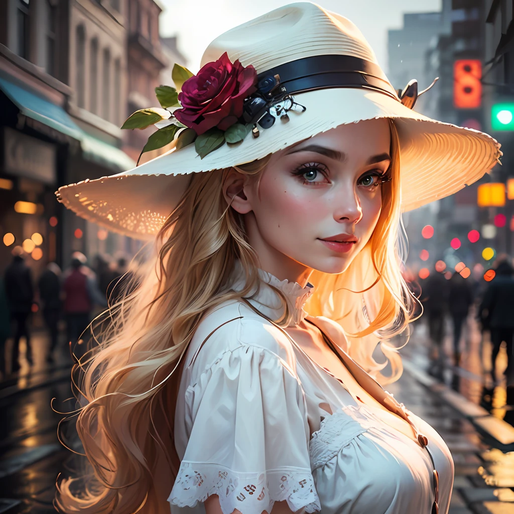 (best quality, masterpiece, realistic:1.3), (detailed), a woman in a white dress and woman's hat standing in front of a wet street, portrait of very beautiful girl , (looking at the viewer:1.1), long blond hair, loving smile, cityscape, the golden hour, elegant decollate, photo of a beautiful, on the streets, (camera field of depth:1.3),(left side of composition:1.3), insanely detailed, enhanced hd, Sony a7III, style of ivan shishk, 16k, UHD, HDR,(Masterpiece:1.5),(best quality:1.5) --auto --s2