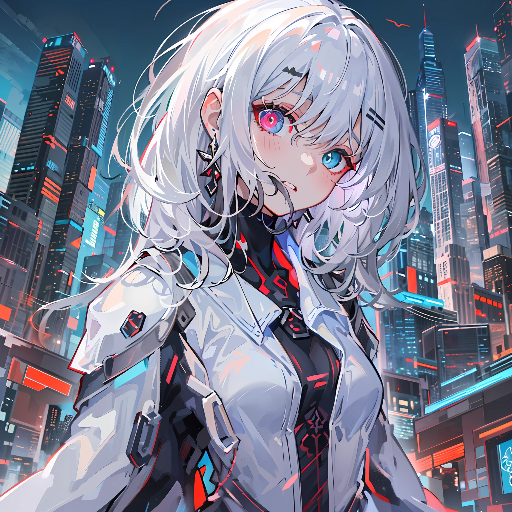 (absurdres, highres, ultra detailed),(Masterpiece, best quality:1.2),1girl, wearing a black suit, futuristic suit,two katanas at the back, heterochromia,blue and red eyes,white hair,aether gazer, surrounded by futuristic buildings, vibrant colours, extremely detailed eyes,sfw
