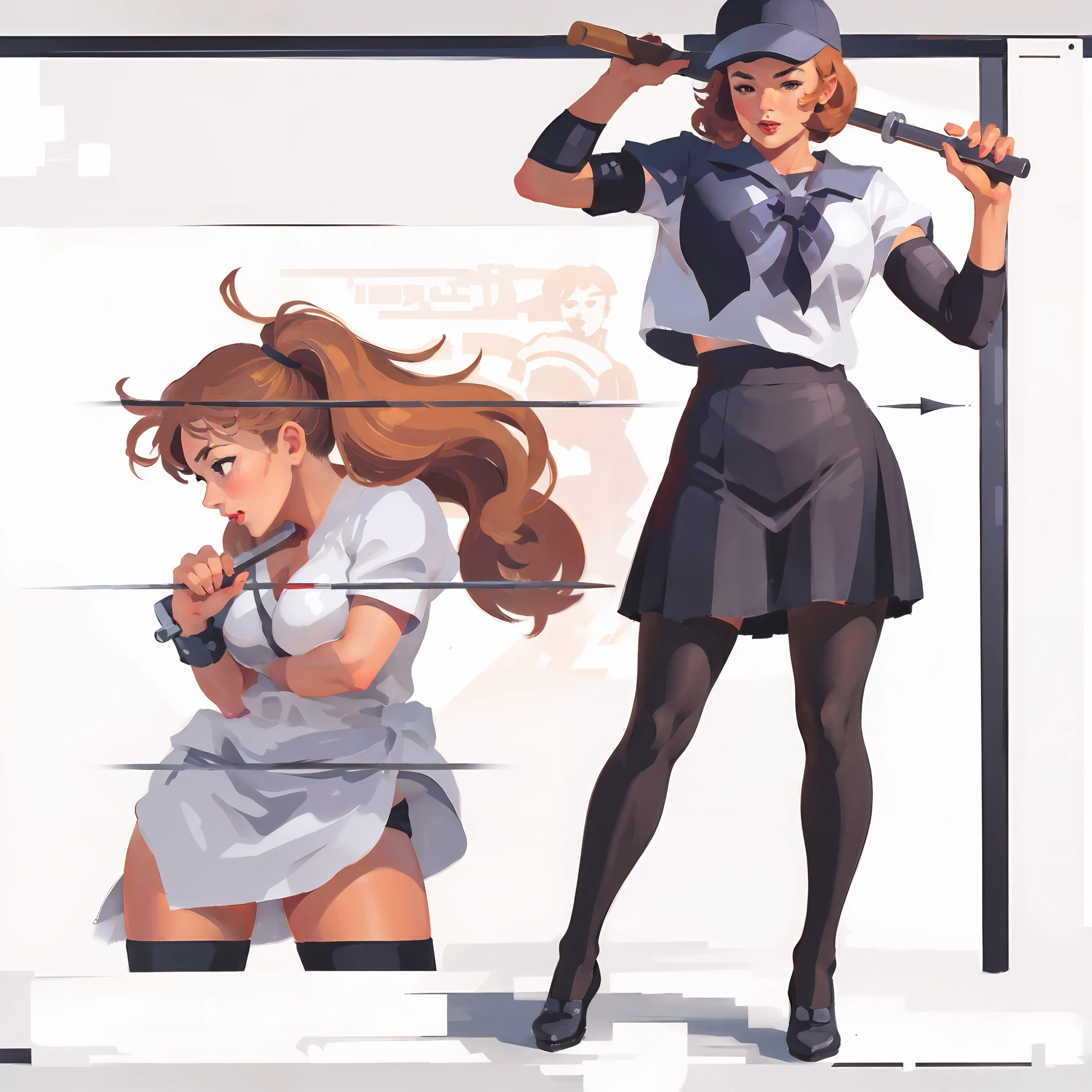 there is a woman in a skirt holding a baseball bat, by Fujiwara Nobuzane, by Hisui Sugiura, by Yuki Ogura, shohei otomo, perfect shadow, seifuku, the sailor jupiter. beautiful, by Naondo Nakamura, silhouette!!!, retro anime girl, by Yukihiko Yasuda, by Oka Yasutomo, monochrome, dark red theme