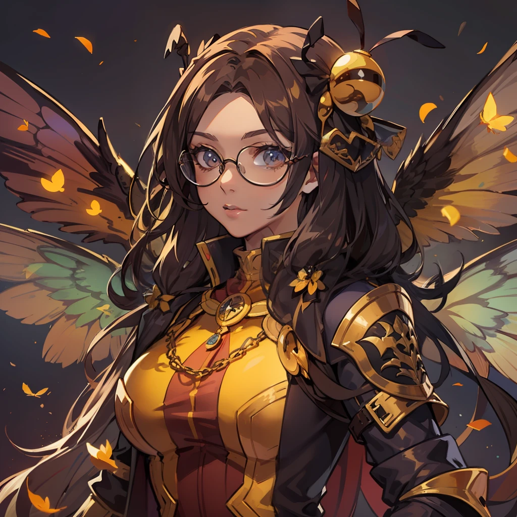A bee woman A villain for RPG inspired by a bee A woman with the colors and elements including wings of a wasp bee A villain who represents the essence of a bee She is in a hive with lots of magic and honey illustrating the image He wears glasses that symbolize the eyes of bees Colors of bees An art for RPG A character for RPG A villain Medieval RPG Art RPG fantasy RPG a Illustration for RPG a digital art