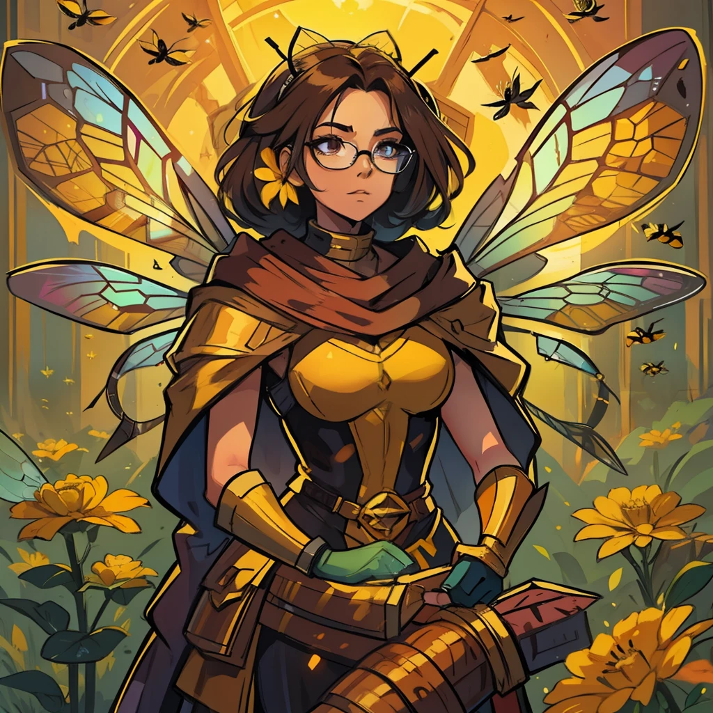 A bee woman A villain for RPG inspired by a bee A woman with the colors and elements including wings of a wasp bee A villain who represents the essence of a bee She is in a hive with lots of magic and honey illustrating the image He wears glasses that symbolize the eyes of bees Colors of bees An art for RPG A character for RPG A villain Medieval RPG Art RPG fantasy RPG a Illustration for RPG a digital art