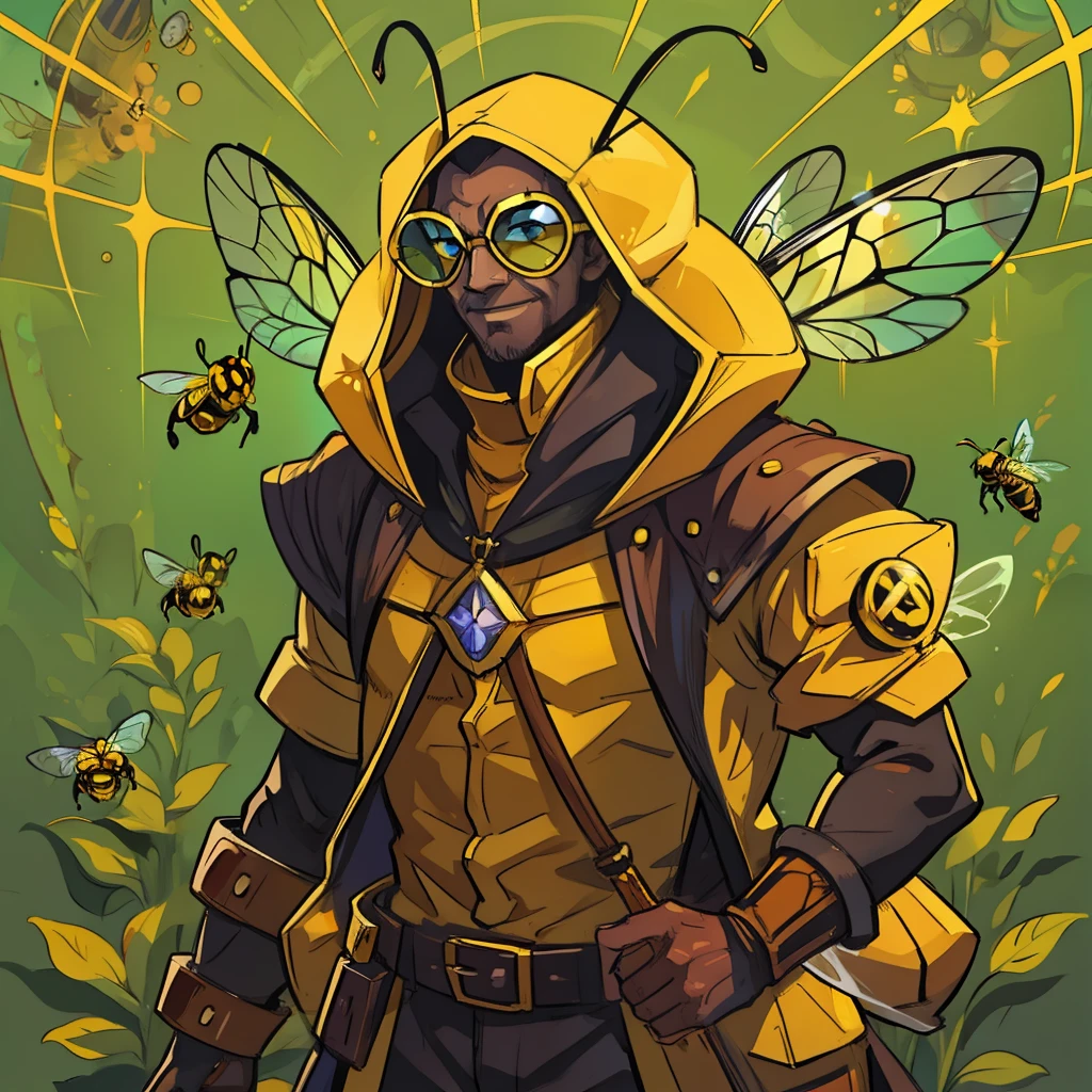 A bee man A villain for RPG inspired by a bee A man with the colors and elements, including wings of a wasp bee A villain who represents the essence of a bee He is in a hive with lots of magic and honey illustrating the image He wears glasses that symbolize the eyes of bees Colors of bees An art for RPG A character for RPG A villain Medieval RPG Art RPG fantasy RPG