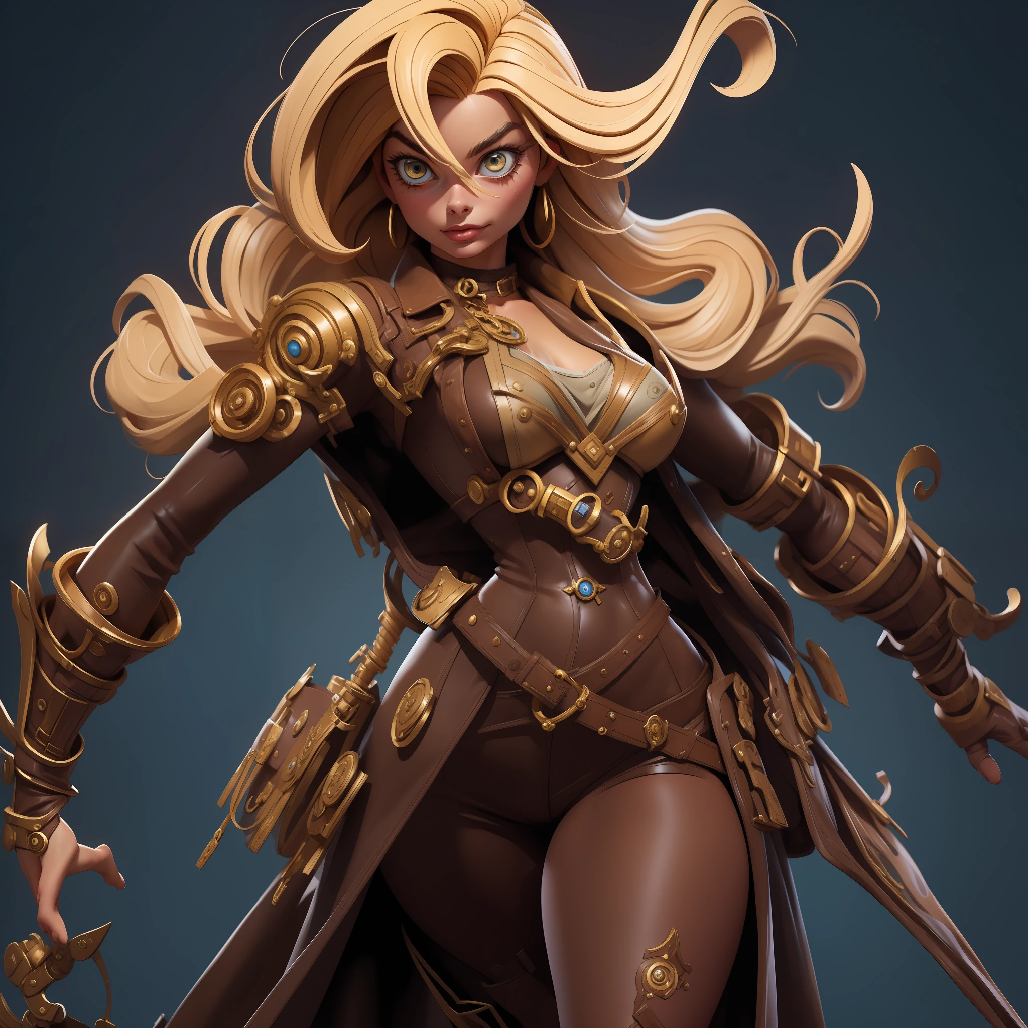 ((1Margot robbie)) steampunk modest outfit, machinery background, 2arm, 2leg, correct ???????,