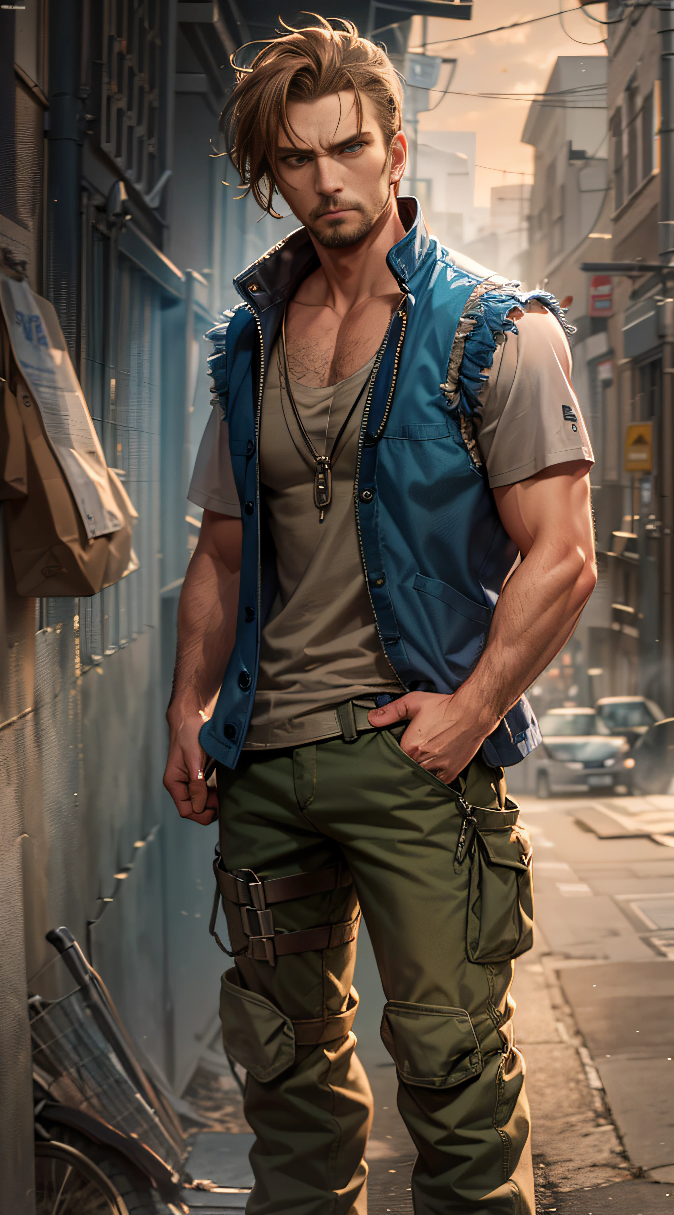 tough and gruff looking man with light brown hair and cold emotionless looking blue eyes, wearing a dark vest over a beaten white t-shirt, wearing ragged looking cargo pants and army boots, standing at the entrance to a modern city alley