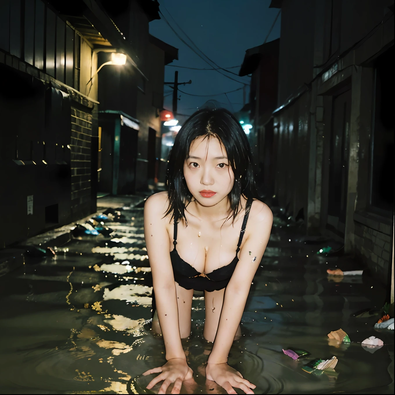 Naoyuki Obayashi,90s flash photo，1girll, Solo,At night,a woman standing in a dim alley flirting，(full bodyesbian:1.5),Big breasts,tit,(Nippur:1.2),Wet,Transparent,(sensual lingerie),Bare feet,with a bright night scene in the distanceThe best quality，((Wet ground)),(((The ground is littered with garbage))),((tenten)),sin front of camera, tmasterpiece，RAW photogr，Film photos，