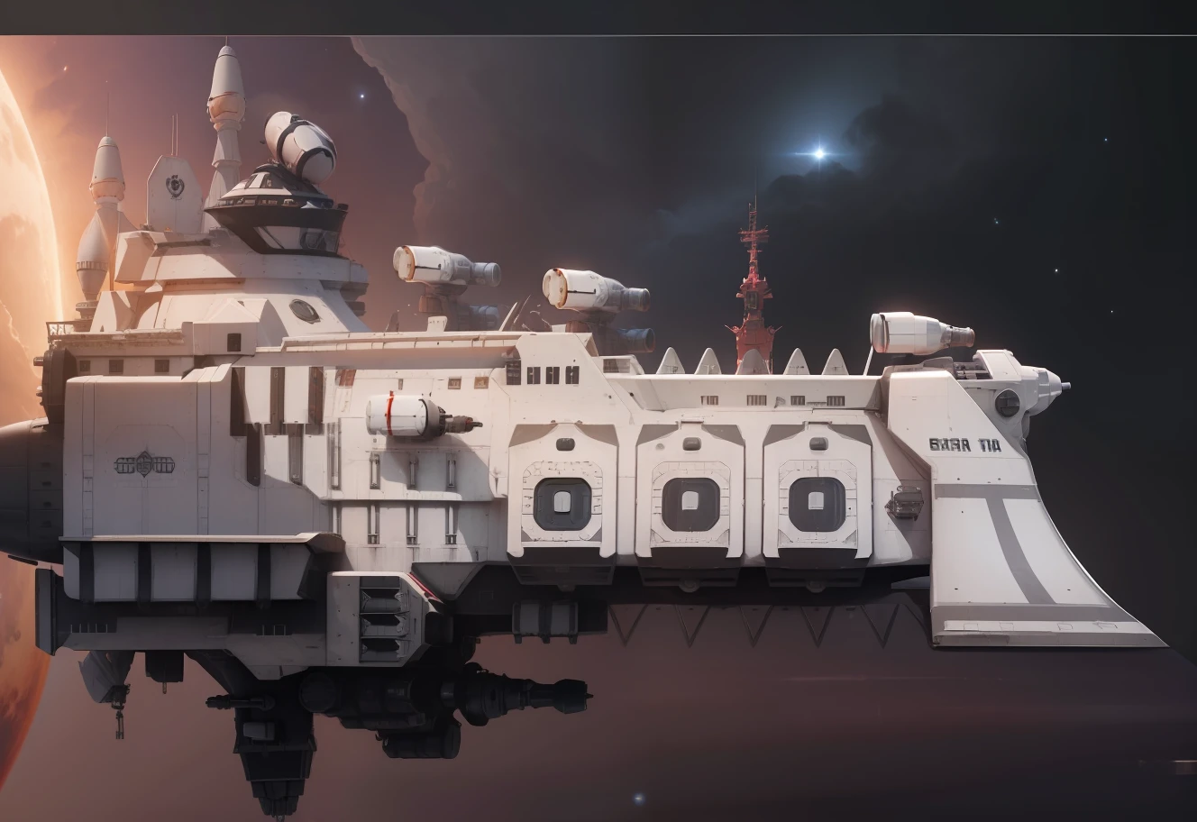 Uma (nave espacial de batalha:1.3)de cor vermelha e na frete branco, full of automatic cannon guns, grande e robusta, alto detalhes,8k realista