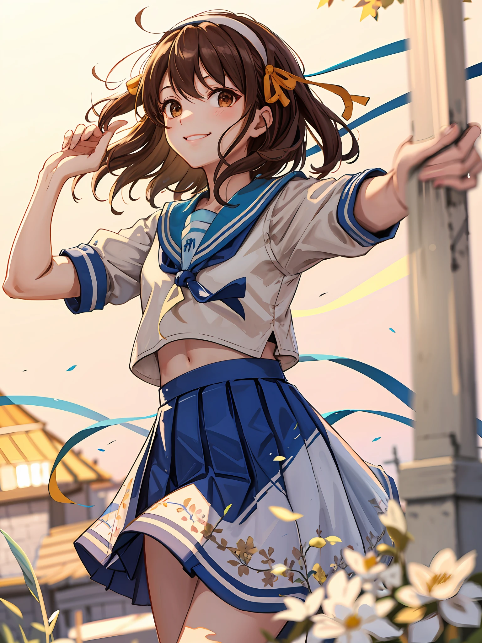 (highres, best quality:1.2), radiance, soft contours, beautiful drawing, cowboy shot, (soft focus:1.5) on the Foreground, (Bokeh-filled Foreground:1.2), Shallow Depth of Field, Delicate Blur, Subtle Transitions, Depth and Atmosphere, masterpiece, 8k wallpaper, best quality, highres, 1girl, suzumiya haruhi, solo, kita high school uniform, blue sailor collar, sailor collar, blue skirt, brown hair, short hair, brown eyes, hairband, medium hair, ribbon, standing, smile, outdoors, winter