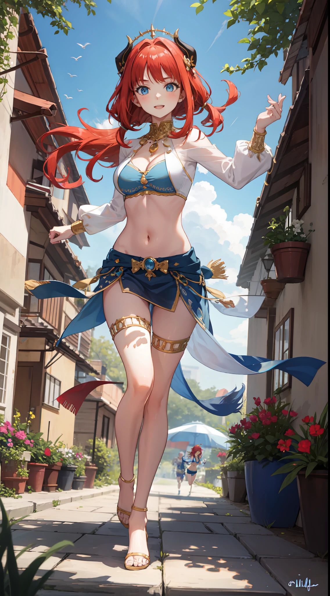 slim legs, blue eyes, nilou, red hair, long hair, mesmerising , medium , happy, navel, garden, cleavage, hanging , running