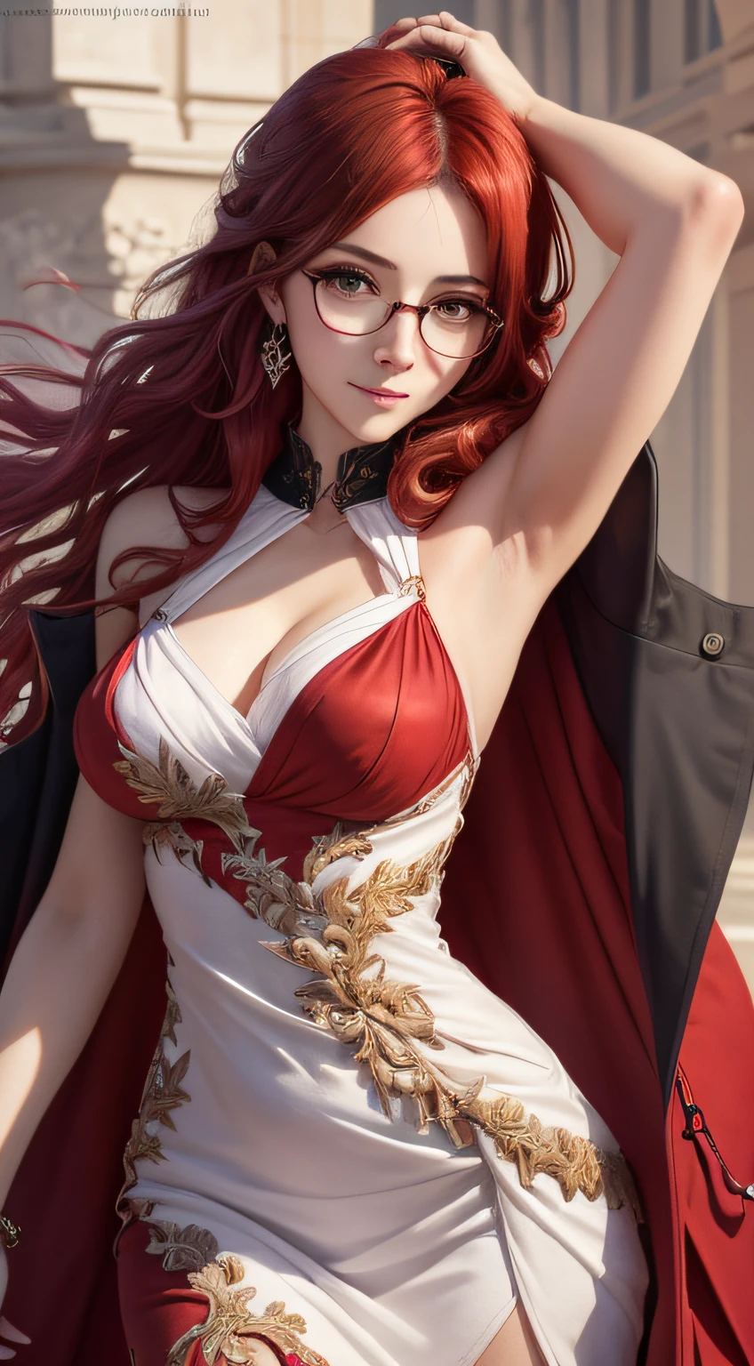 masterpiece,high quality,best quality,4k,super detailed,4k,focus sharp,(face),head,absurdres, highres, ultra detailed, (girl:1.3), (evil:1.5, BREAK , watercolor style, soft blending, closeup face,scarlet hair,dragon dress outfit,eyeglasses, dreamy, washes, delicate textures, seductive smile, lying, glowing eyes, armpit pose very detailed,majestic sexy pose