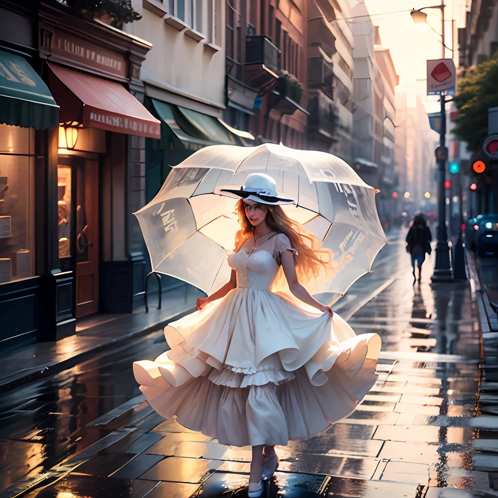 (best quality, masterpiece, realistic:1.3), (detailed), a woman in a white dress and woman's hat standing in front of a wet street, portrait of very beautiful girl , (looking at the viewer:1.1), long blond hair, loving smile, cityscape, the golden hour, elegant decollate, photo of a beautiful, on the streets, (camera field of depth:1.3),(left side of composition:1.3), insanely detailed, enhanced hd, Sony a7III, style of ivan shishk, 16k, UHD, HDR,(Masterpiece:1.5),(best quality:1.5) --auto --s2
