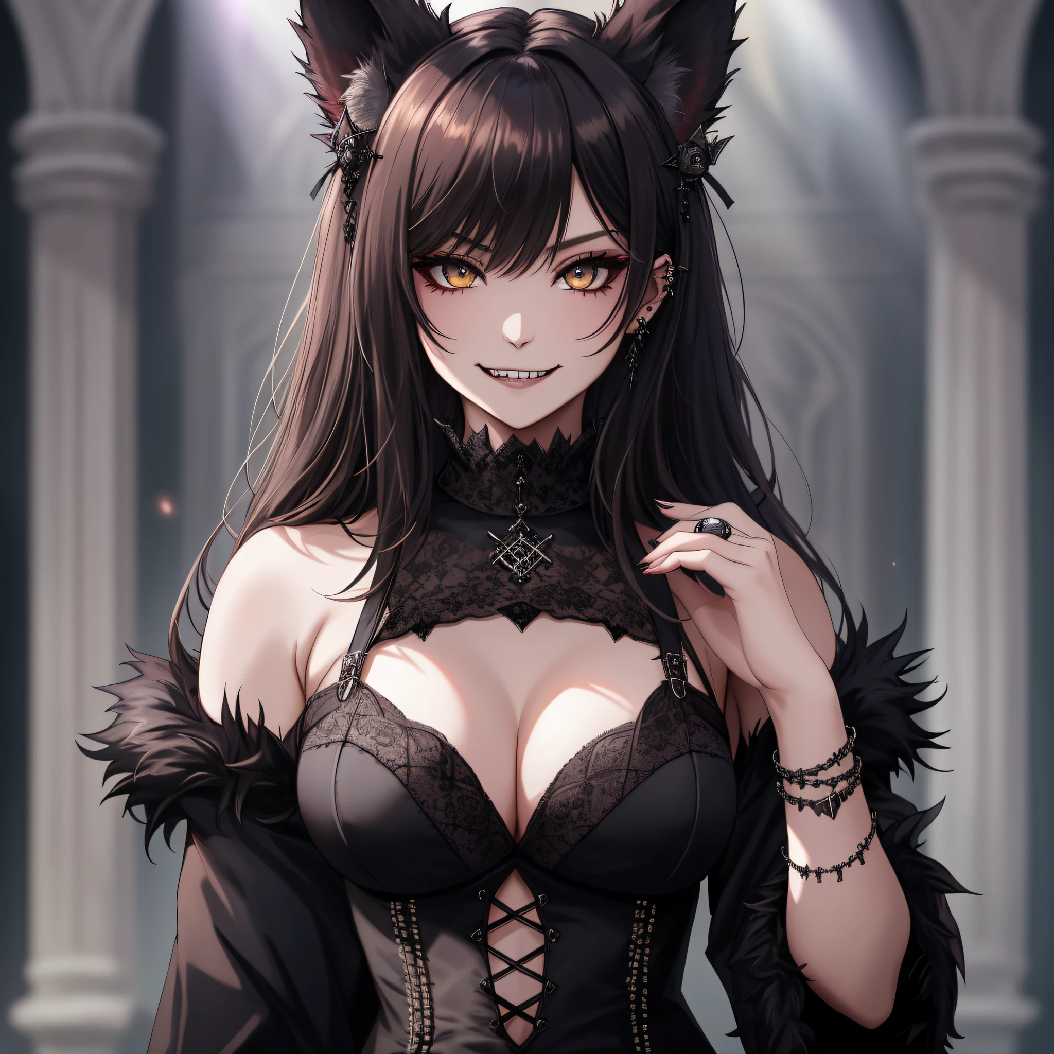 (Highest Quality, 4k, masterpiece, Amazing Details:1.1), wearing wear out gothic clothes, Shallow Depth of Field, E671, lens 50mm f/2.0, ((furry_wolf_female anthro)), pircings, studded bracelet, (photorealistic) (RAW Photo)), angry, evil smile, ((gothic_circus))