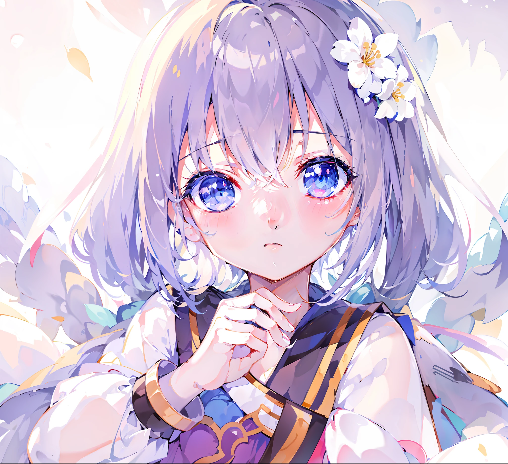 Anime girl with blue eyes and white dress and flowers on hair, anime moe art style, anime visual of a cute girl, style of anime4 K, Cute anime girl, Best anime 4K Konachan wallpapers,  Splash art anime ****, Anime! 4K, Smooth anime CG art, Anime! 4 k''