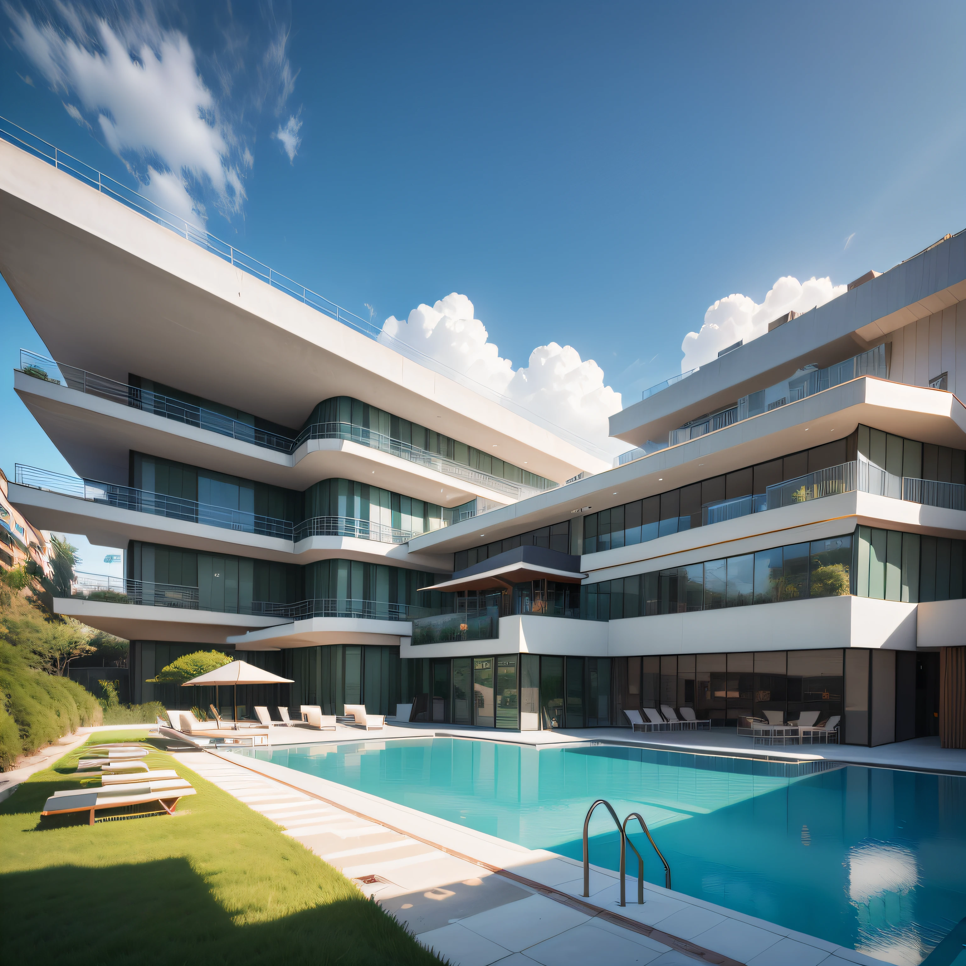 Grande hotel, Arquitetura futurista, building in the background, Architecture of a dark gray concrete building, madeira e vidro, Building with large lawn on the beach, Arquitetura moderna, grande piscina em frente ao hotel, restaurante interior com grandes fachadas em vidro, grandes candeeiros no interior, lots of vegetation around, hotel  com 120 quartos, Arquitetura moderna, organic architecture, Geometria luxuosa, hiper-realista, Fantastic 8K architecture, UHD — AR 16: