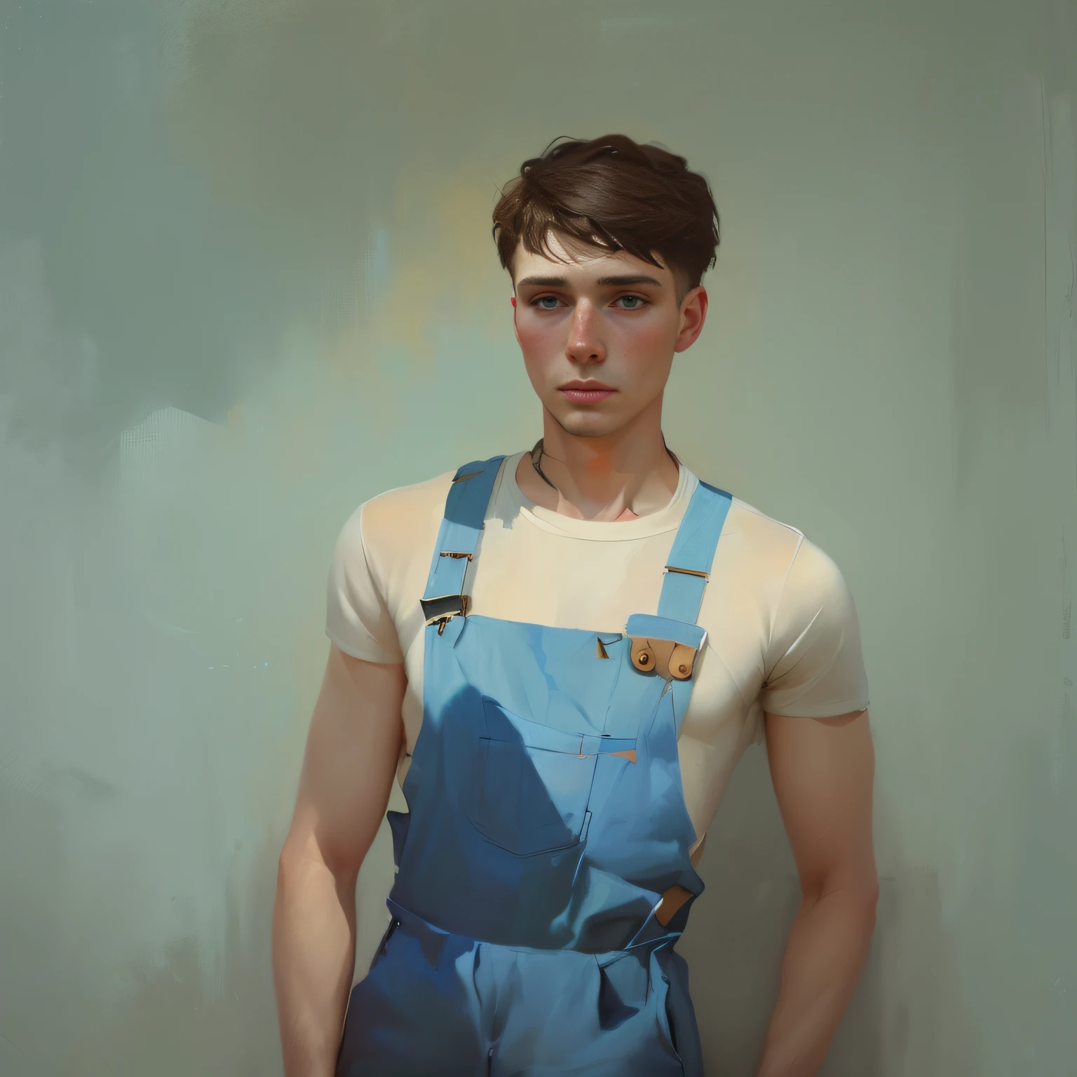 Painting of a man in overalls standing in front of a blue background, artist wearing overalls, inspirado em Marius Borgeaud, inspirado em Peter Rockwell, mariposa franca, Inspirado em Mads Berg, starving artist wearing overalls, Inspirado em Maxim Verehin, Estilo de Dragan Bibin, Directed by: Artur Tarnowski, Sergey Kolesov, Leonid