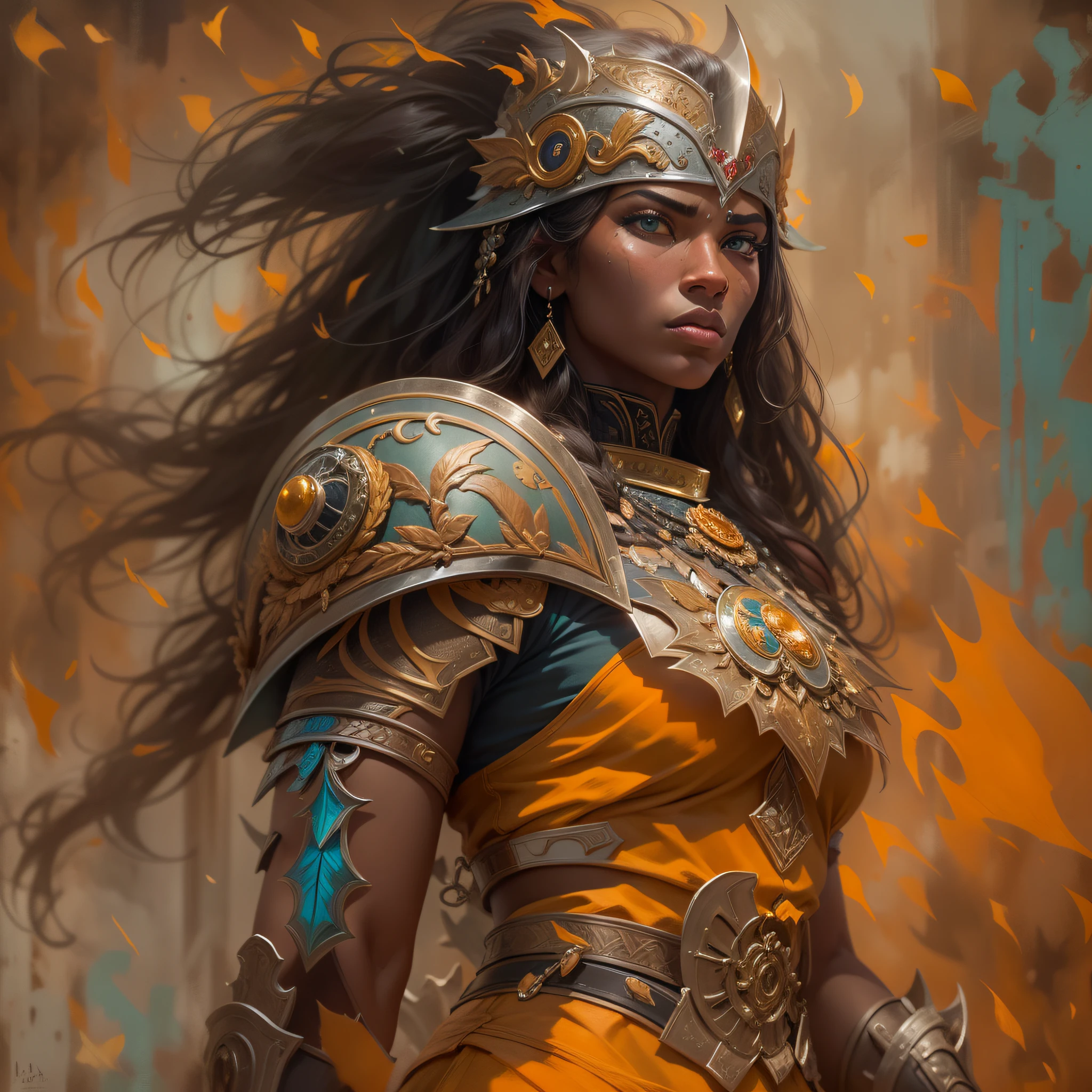 In an impressive art exhibition, A handsome ebony-skinned warrior stands tall, his eyes a captivating shade of orange that reflects his determination and fierce spirit. Down her back are lush, madeixas roxas retas que parecem brilhar na luz suave. It is adorned with intricately designed armor, each piece carefully crafted to fit perfectly into its shape. as she looks into the distance, His eyes seem to contain a thousand stories, reflecting a blend of wisdom and resilience. His strong traits, mas delicados, exude an aura of power and grace, um testemunho de sua destreza como guerreira. A artista capturou perfeitamente os detalhes intrincados de seu rosto, bringing out the depth of its captivating beauty. The art style chosen for this masterpiece is a fusion of realism and fantastic elements. The vibrant colors of the painting bring the warrior to life, making his presence seem almost tangible. The artist's skillful brushstrokes create a sense of movement and energy, como se o guerreiro estivesse pronto para saltar direto da tela e entrar na batalha. This painting beautifully combines the essence of a realistic photograph and the creativity of a fantastic work of art. The rich colors and detailed portrayal of the warrior's features make it seem like she could leave the screen at any moment. It is a true testament to the artist's talent and imagination, invoking a sense of wonder and awe in anyone lucky enough to witness this extraordinary piece