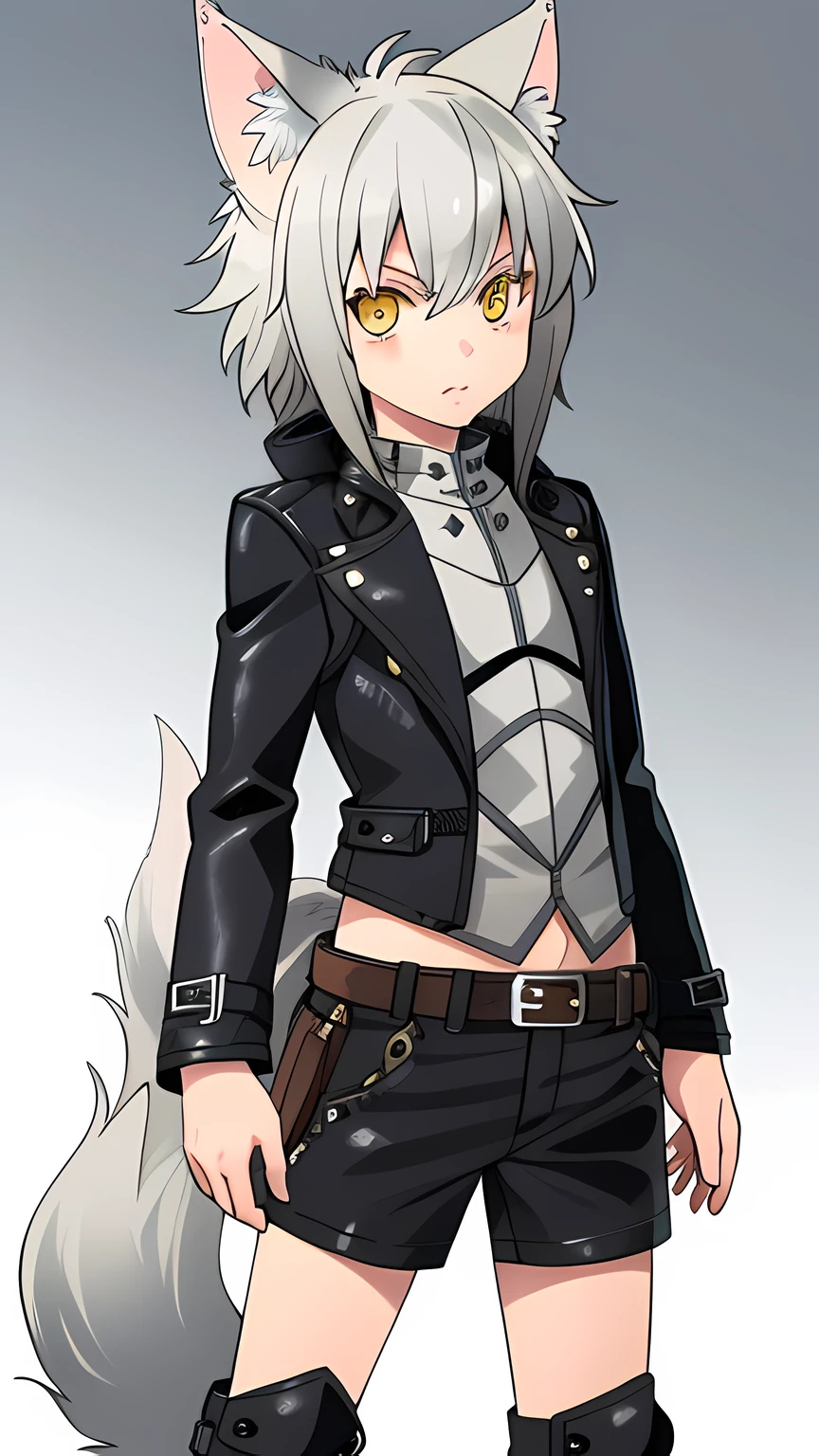 Best Quality, super detailed illustration, (1 boy:1.2), ears and tail like a wolf, femenine body, short gray hair, in a leather coat, dnd, Yellow eyes