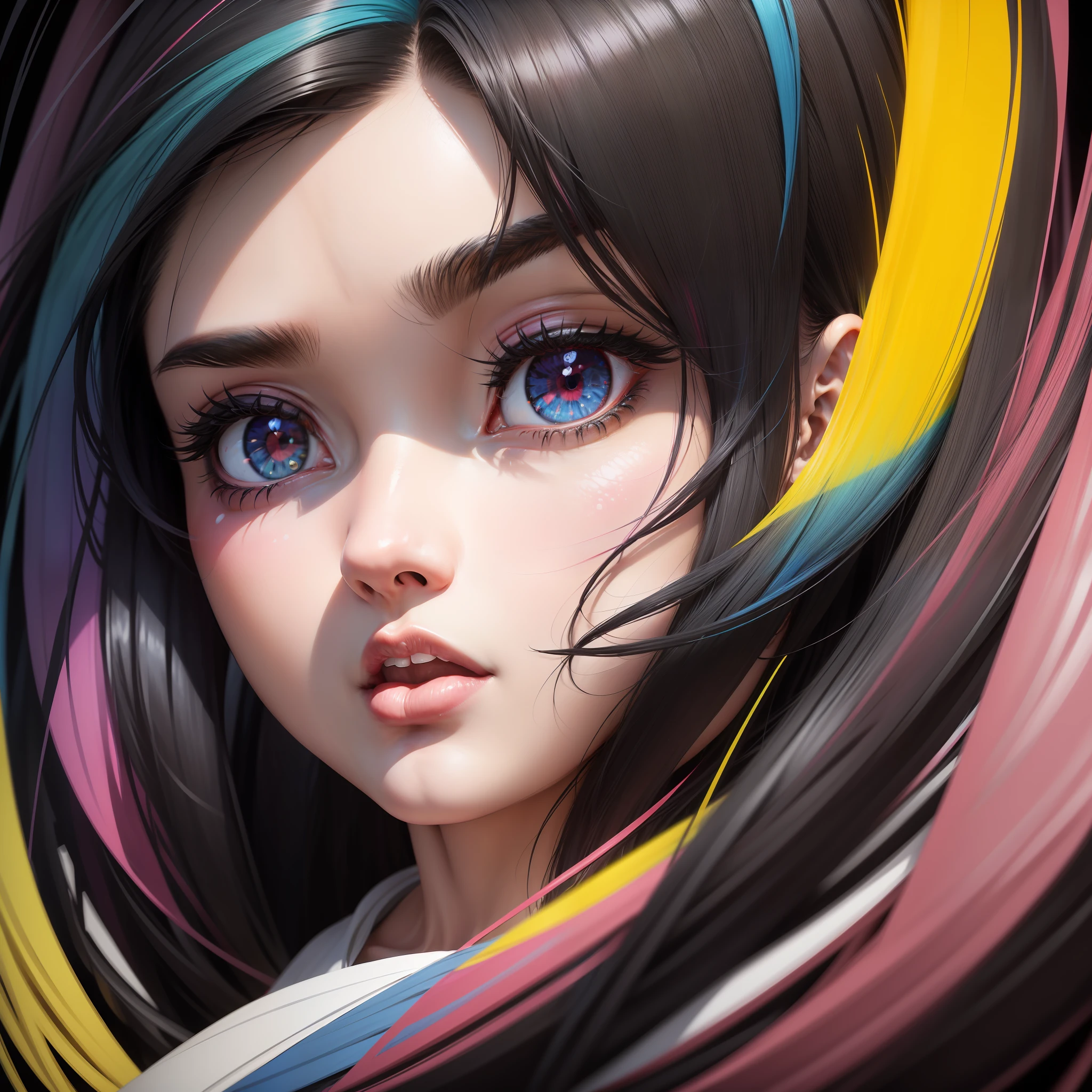 black hair, colored inner hair, multicolored hair, colored inner hair, halo, multicolored eyes, pout, open mouth, pout, Surrealism, motion lines, first-person view, close-up, close-up, close-up, high detail, 8k, super detail, 8k, 16k, 16k, 16k