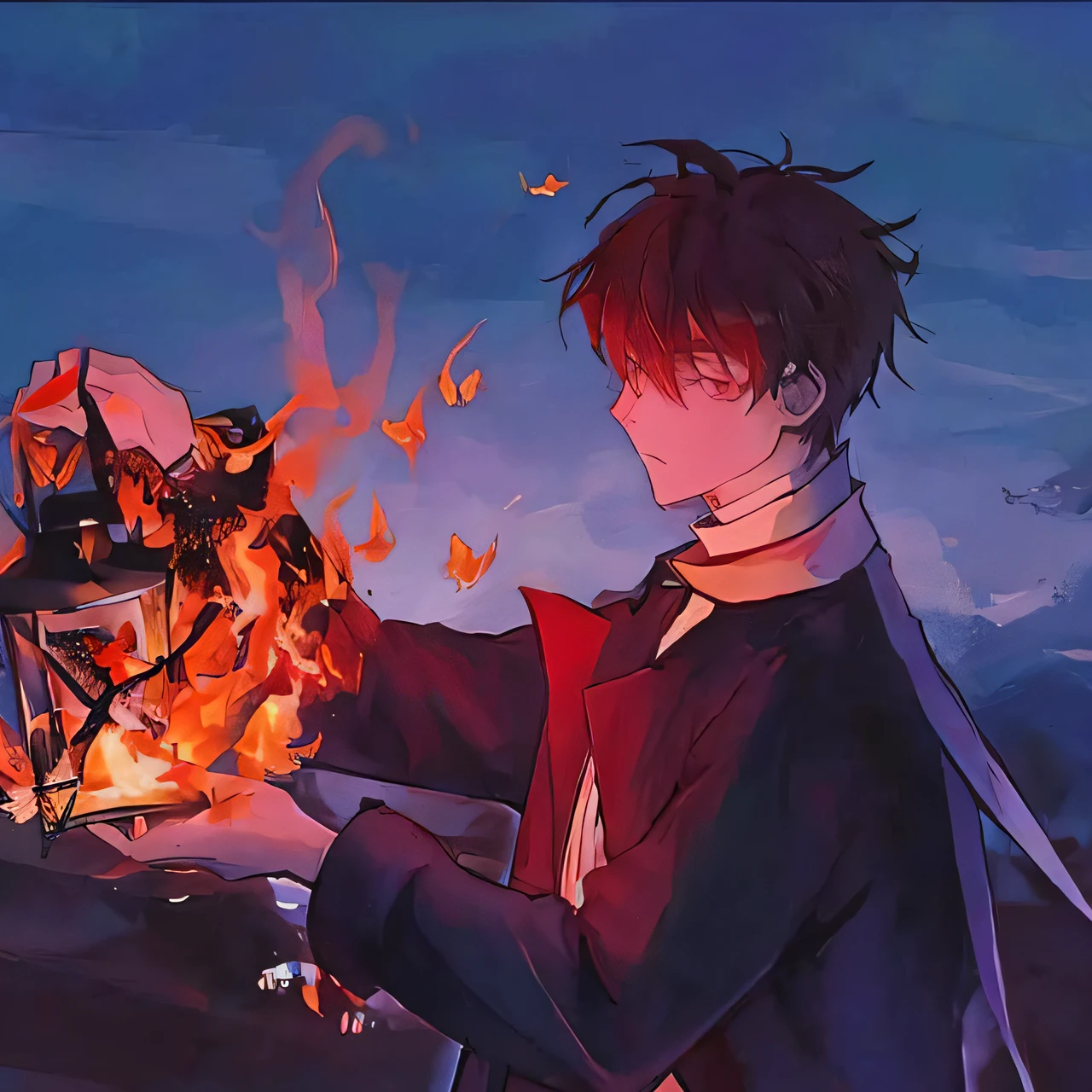 Anime boy holding a burning object in his hand, casting a fire spell, fire spell, fire behind him, anime wallaper, flame spell, casting a fire spell, An anime cover, young wizard, With fire, made with anime painter studio, High-quality fanart, animeaesthetic, anime style like fate/stay night, burning scene in the background, flame conjuring
