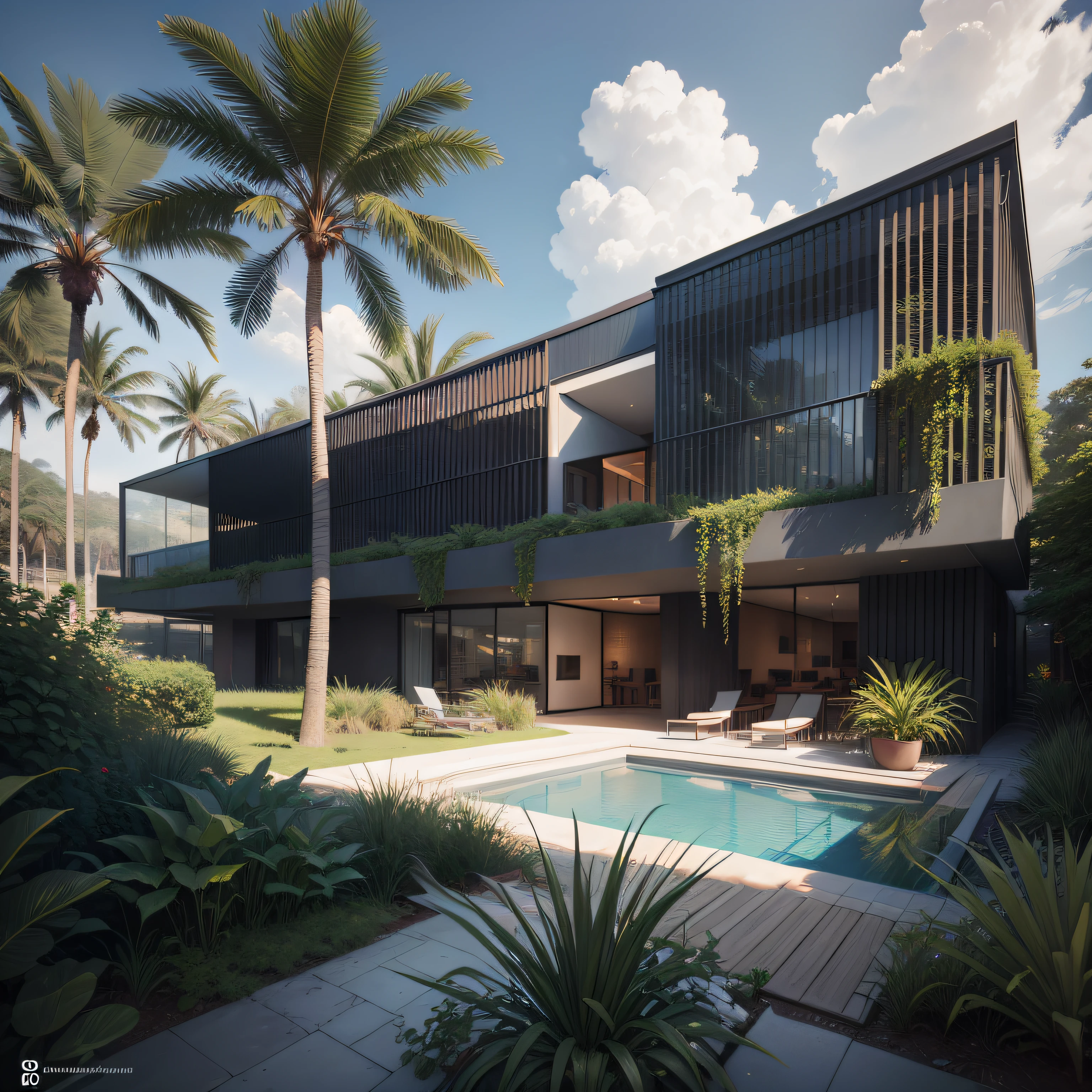Grande hotel, Arquitetura futurista, building in the background, Architecture of a dark gray concrete building, madeira e vidro, Building with large lawn on the beach, Arquitetura moderna, grande piscina em frente ao hotel, restaurante interior com grandes fachadas em vidro, grandes candeeiros no interior, lots of vegetation around, hotel com 120 quartos, Arquitetura moderna, organic architecture, Geometria luxuosa, hiper-realista, Fantastic 8K architecture, UHD — AR 16: