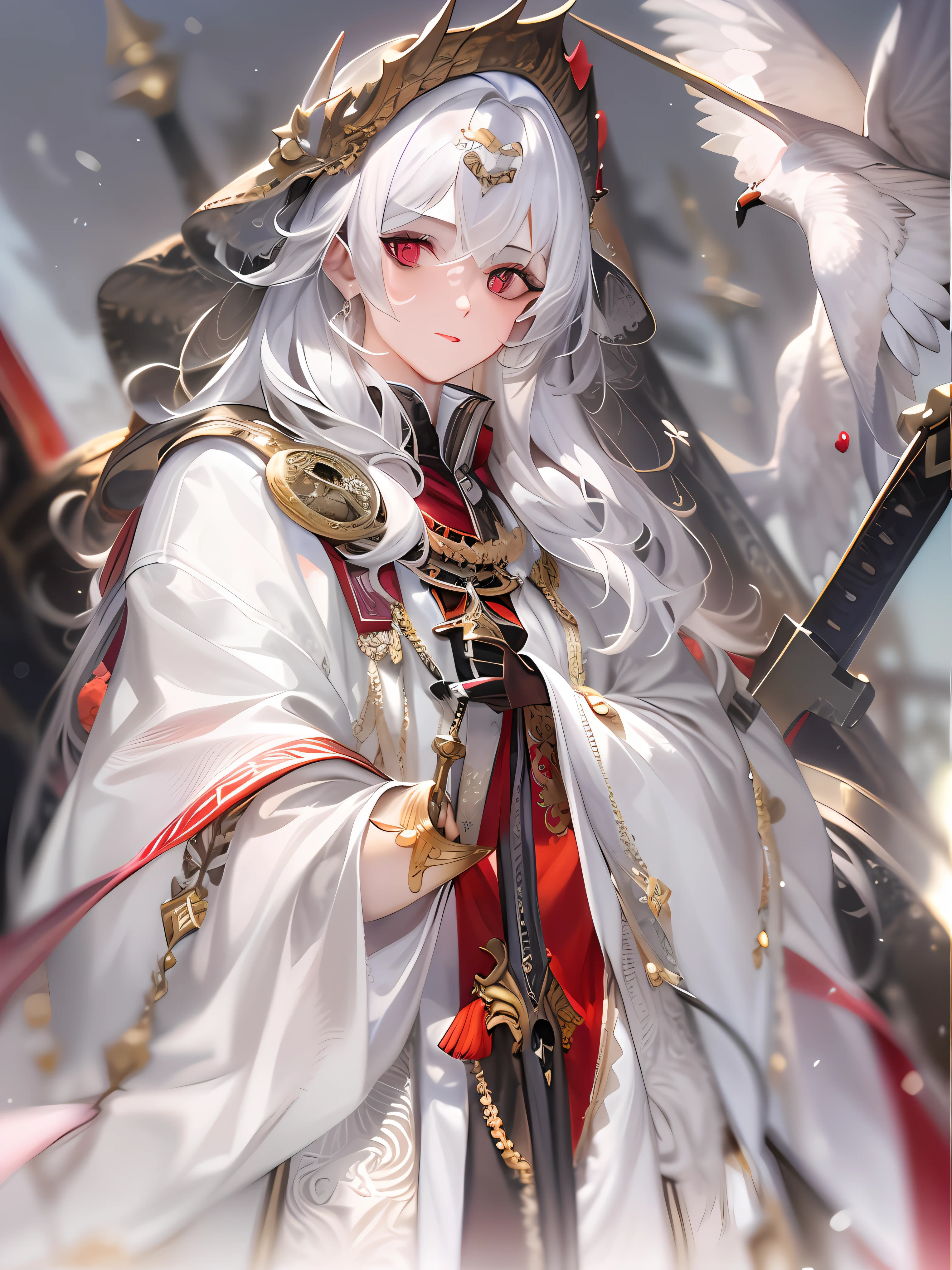 A high resolution，（Masterpiece level：1.4），Super detailed，Silver-haired teenager，red - eyed，Elegant aristocratic countenance，wearing white robes with，The robe has a gold pattern，Handsome guy with a sword，Image quality up to 8K，Optimal color rendering，Best shadow effect，The best quality graphics