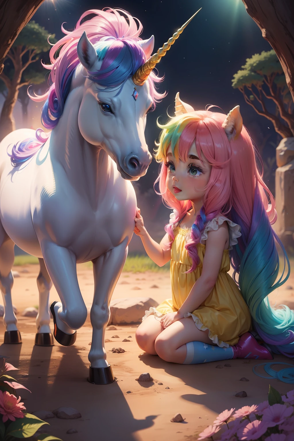 Rainbow Valley, shiny mane unicorn and shimmering horn, fada de asas brilhantes e roupas coloridas, peixe magico, children's book illustration, diversos animais magicos