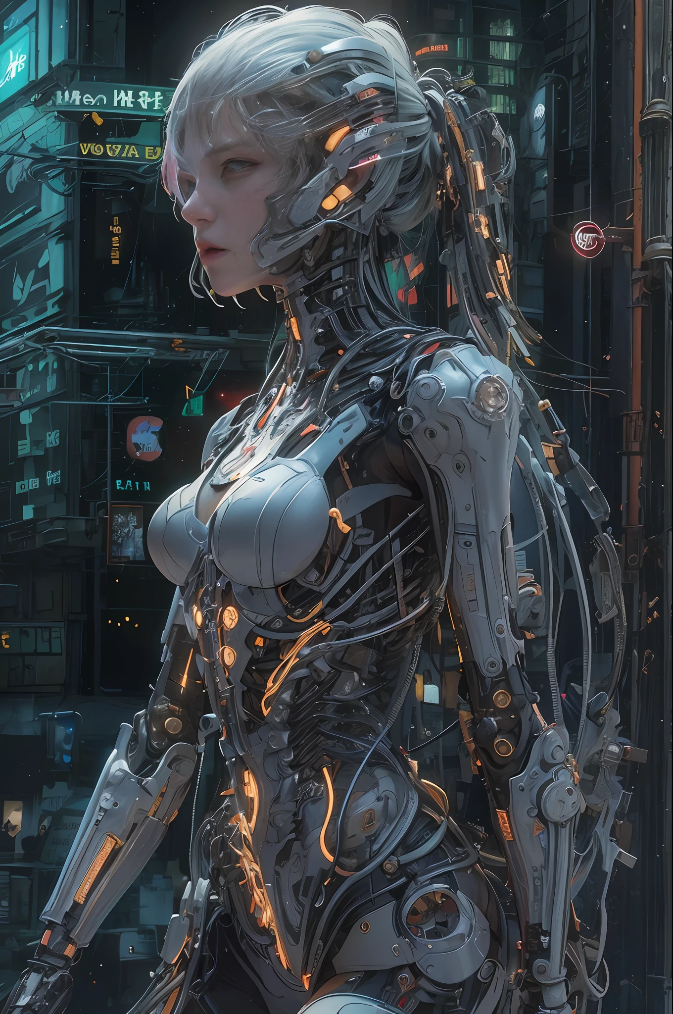 Top Quality, Masterpiece, Ultra High Resolution, ((Photorealistic: 1.4), Raw Photo, 1 cyberpunk Girl, Glossy Skin, 1 Mechanical Girl, (Ultra Realistic Details)), mechanical limbs, tubes connected to the mechanical parts, mechanical vertebrae attached to the spine, mechanical cervical attachment to the neck, wires and cables connecting to the head, evangelion, small glowing LED lamps, global lighting, deep shadows, Octane Rendering, 8K, Ultra Sharp, Metal, Intricate Ornament Details, baroque details, Very intricate details, realistic light, CGSoation trend, facing the camera, neon details, (dazzling Cyberpunk city streets in background), fish eye lens view.