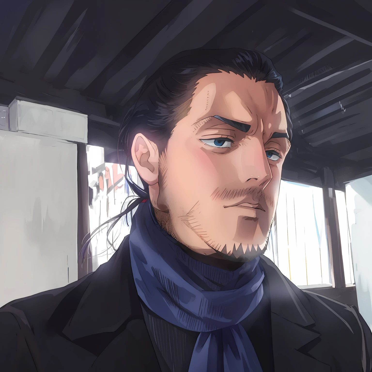 anime, man, neck blue scarf, black suit, black overcoat, short ponytail, tiny beard